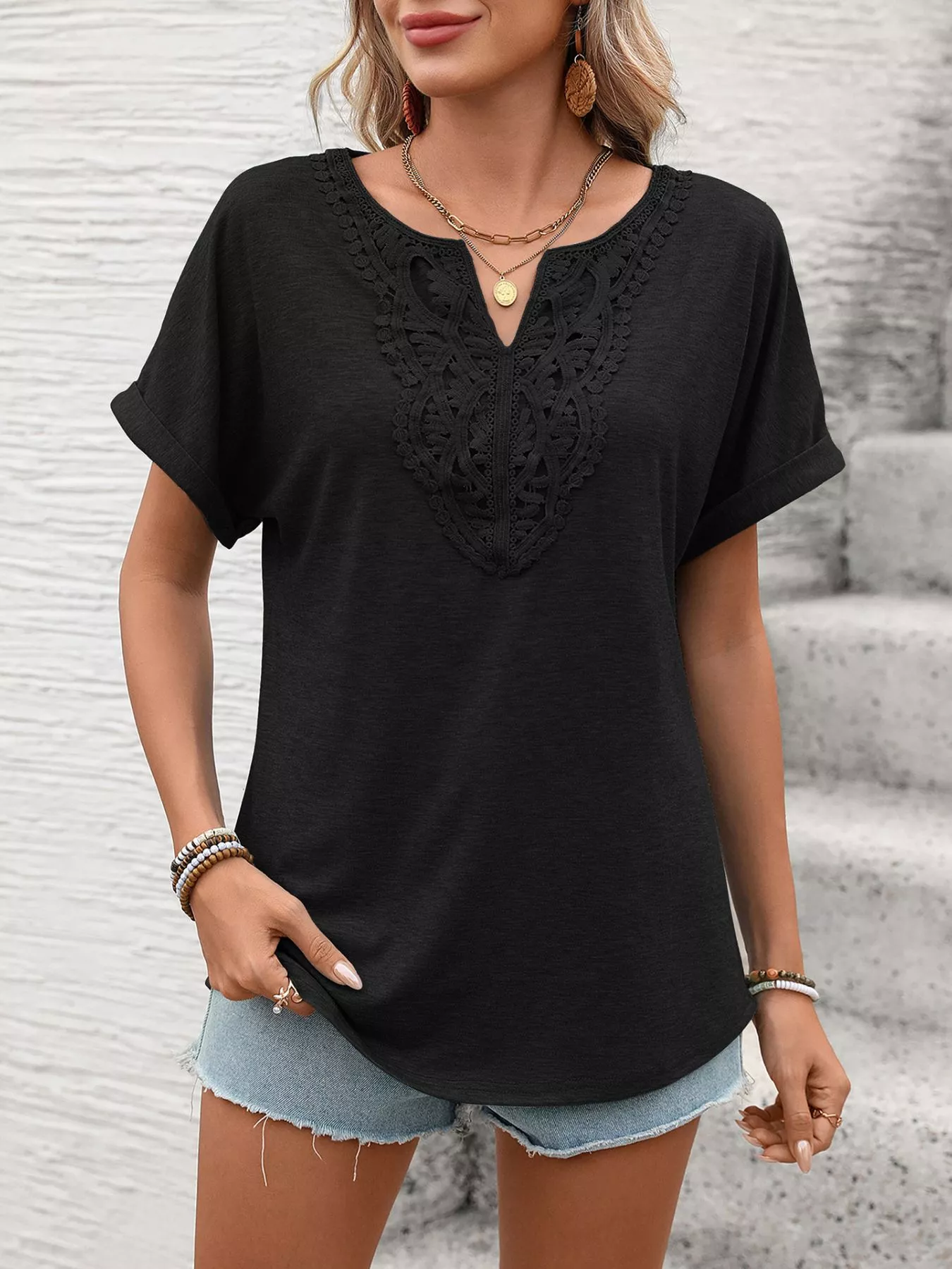 Lace Trim Short Sleeve T-Shirt - Image 9