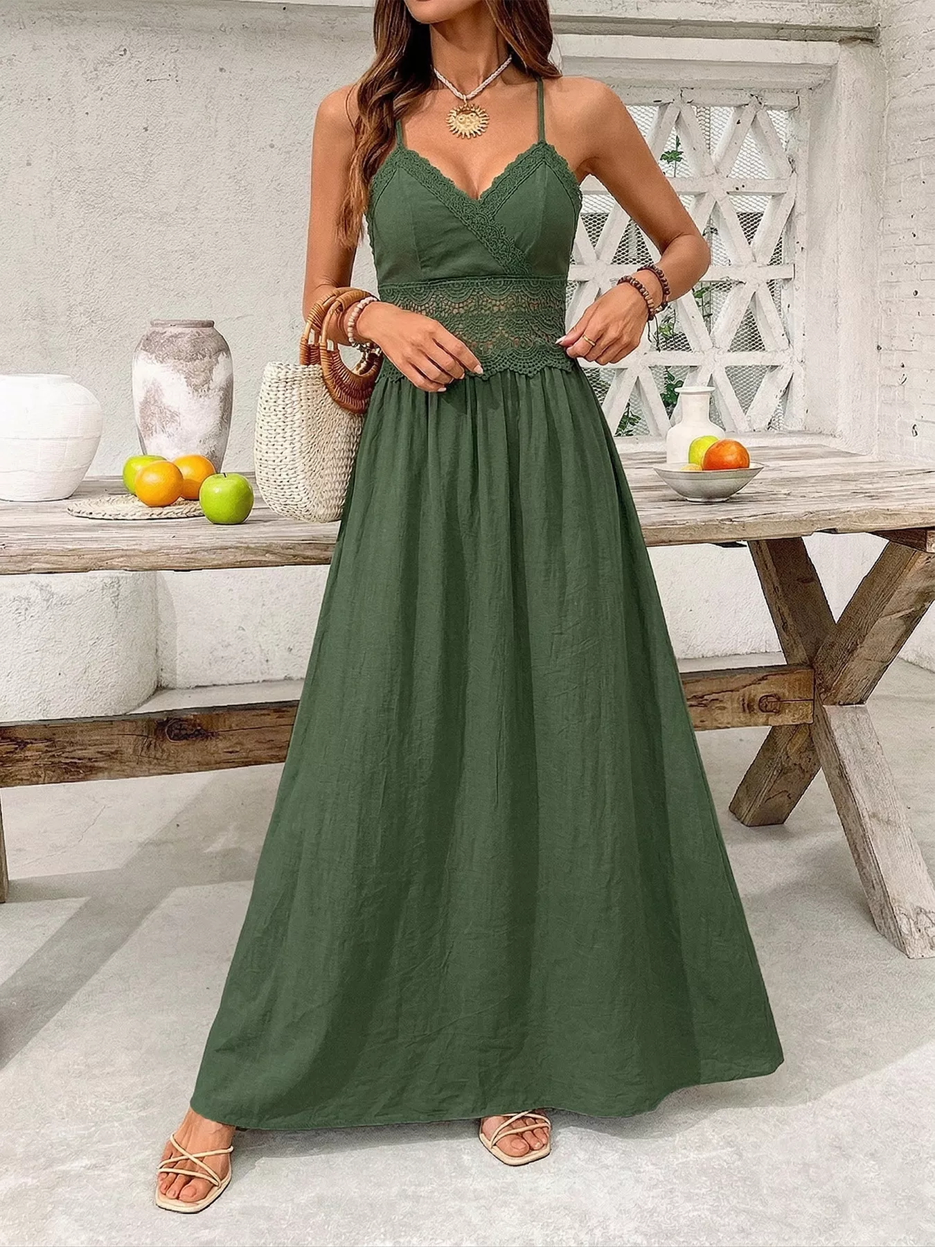 Lace Trim Spaghetti Strap Maxi Dress - Image 2