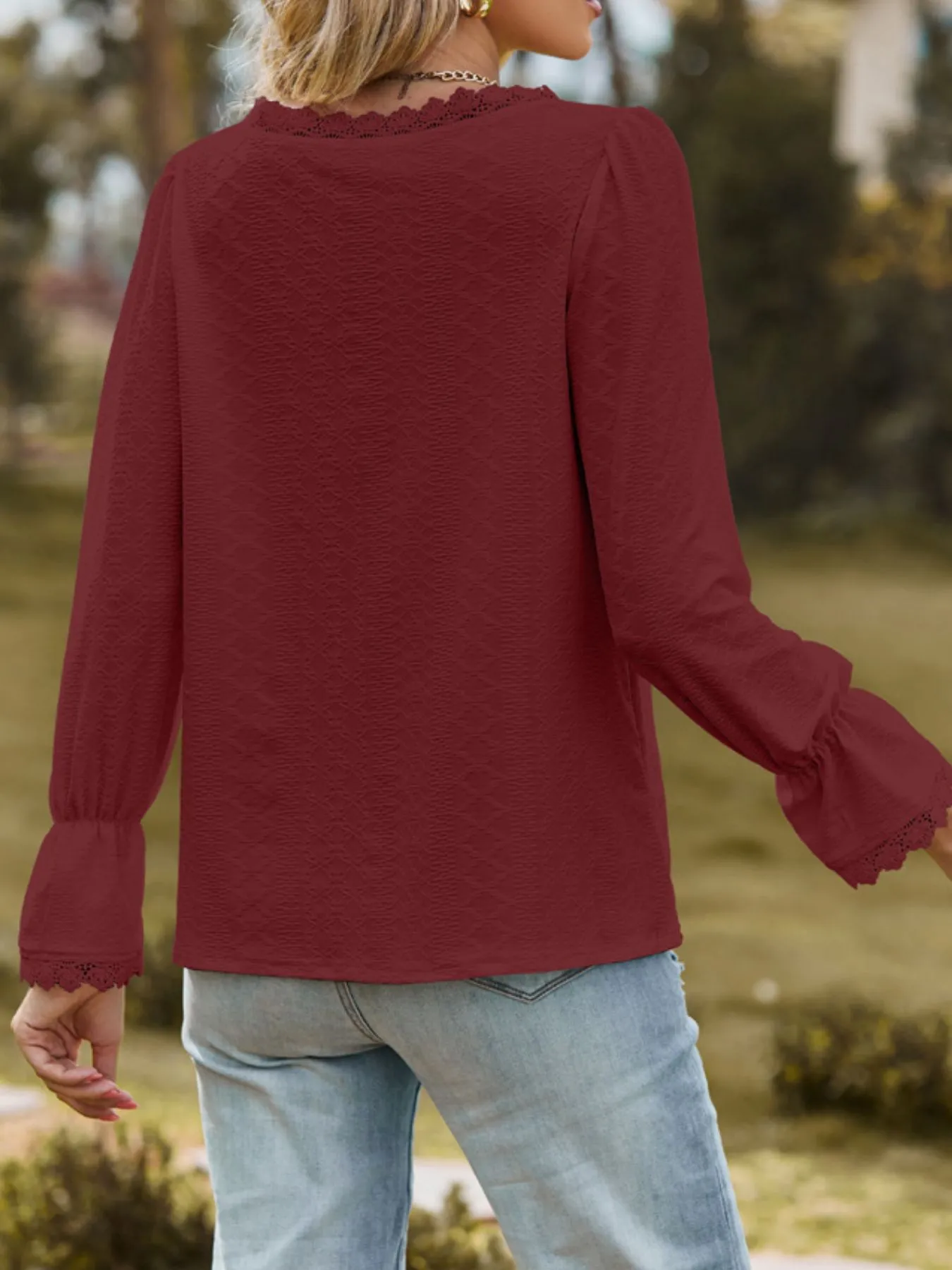 Lace Trim V-Neck Blouse with Flounce Sleeves - Image 20