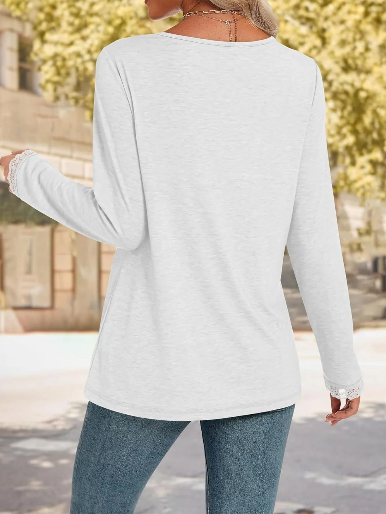 Lace Trim V-Neck Long Sleeve T-Shirt - Image 13
