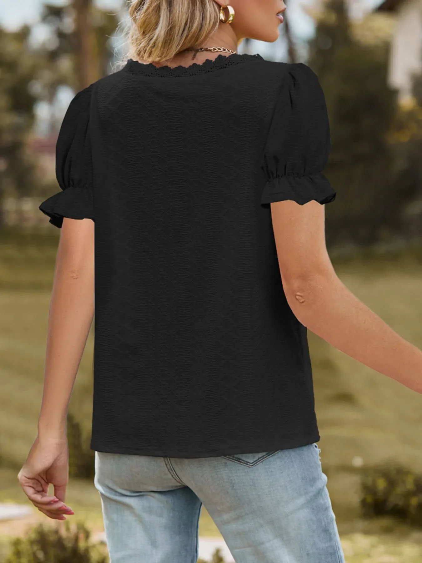 Lace Trim V-Neck Puff Sleeve Blouse - Image 3
