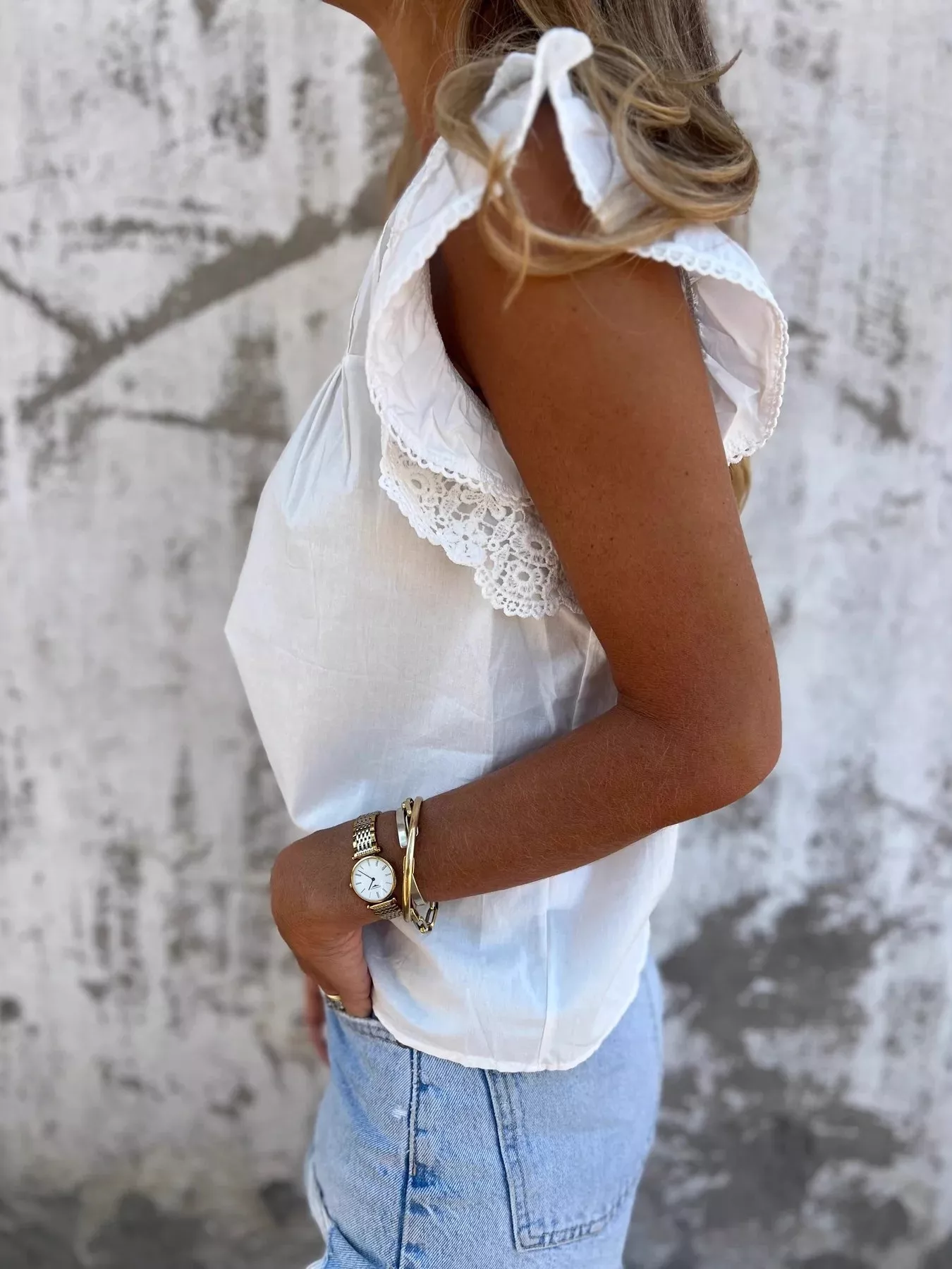 Lace Trimmed Cap Sleeve Blouse - Image 3