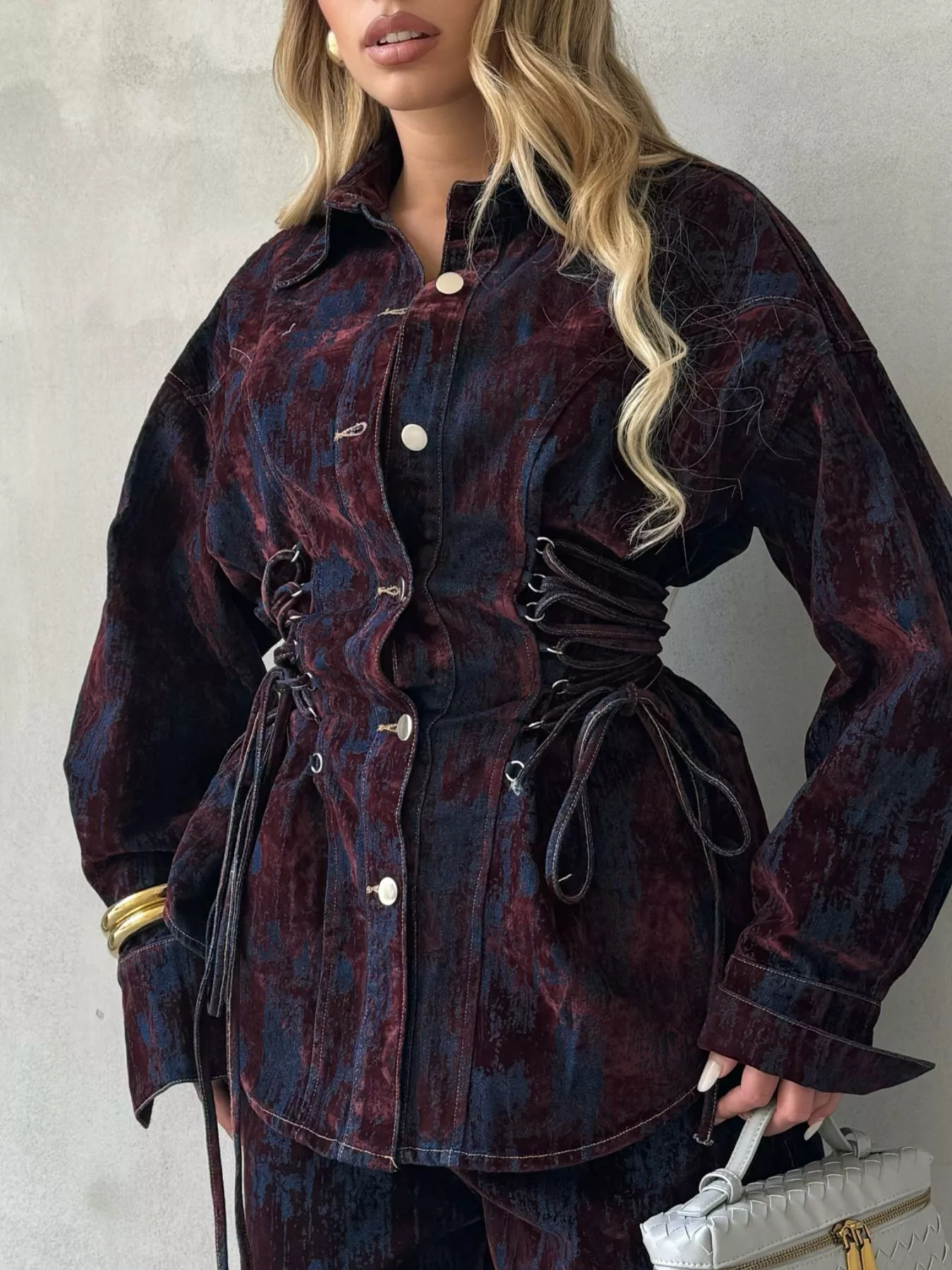 Lace Up Button Up Jacket and Jeans Denim Set - Image 2