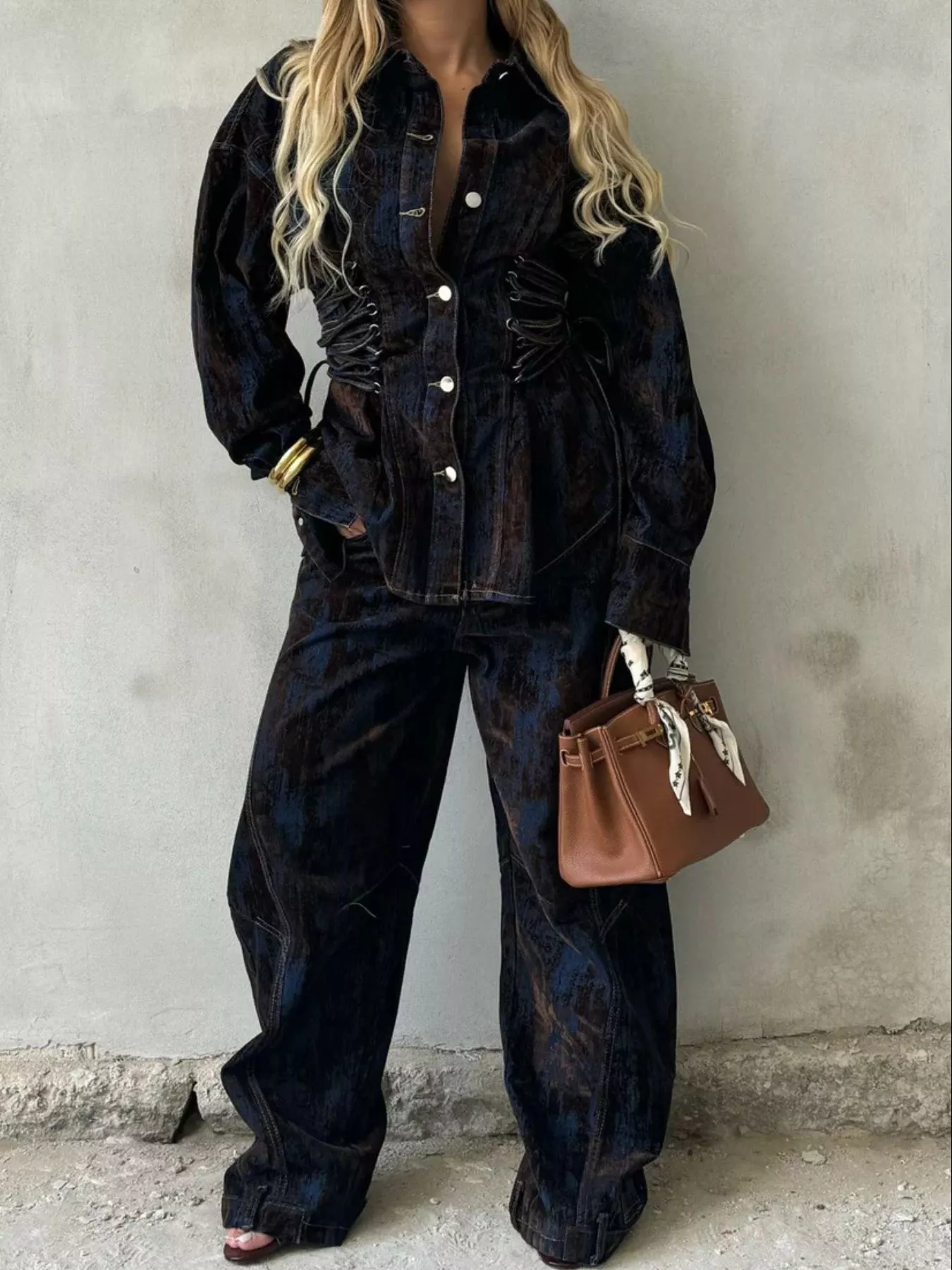 Lace Up Button Up Jacket and Jeans Denim Set - Image 6