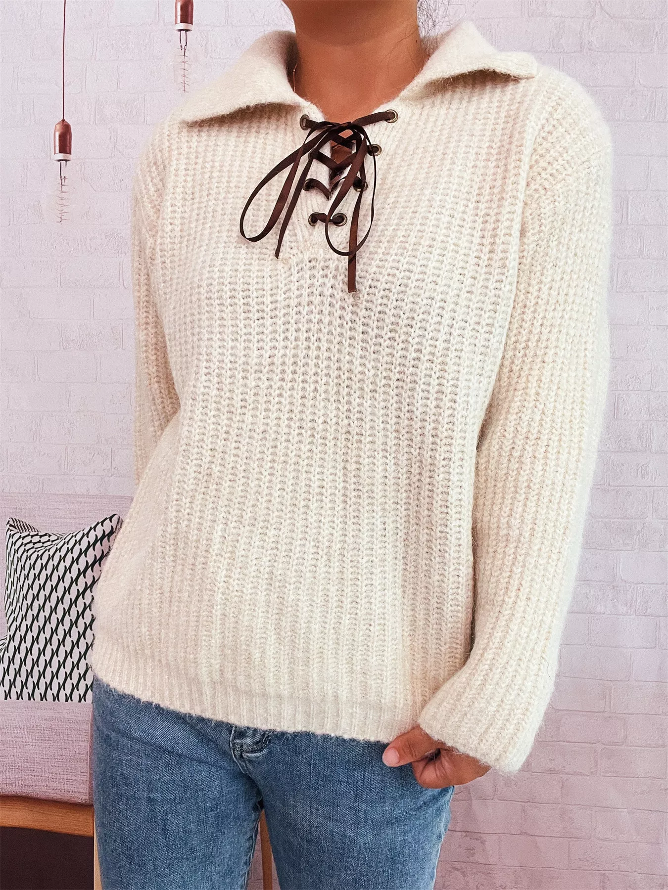 Lace Up Long Sleeve Sweater - Image 13