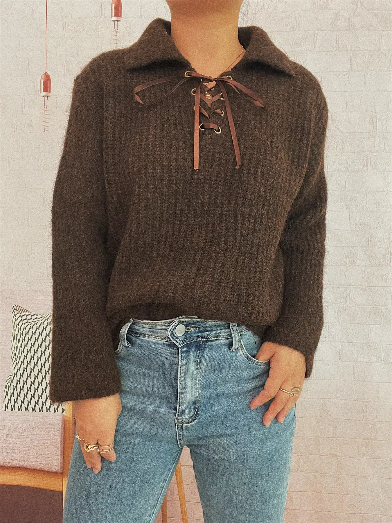 Lace Up Long Sleeve Sweater - Image 2