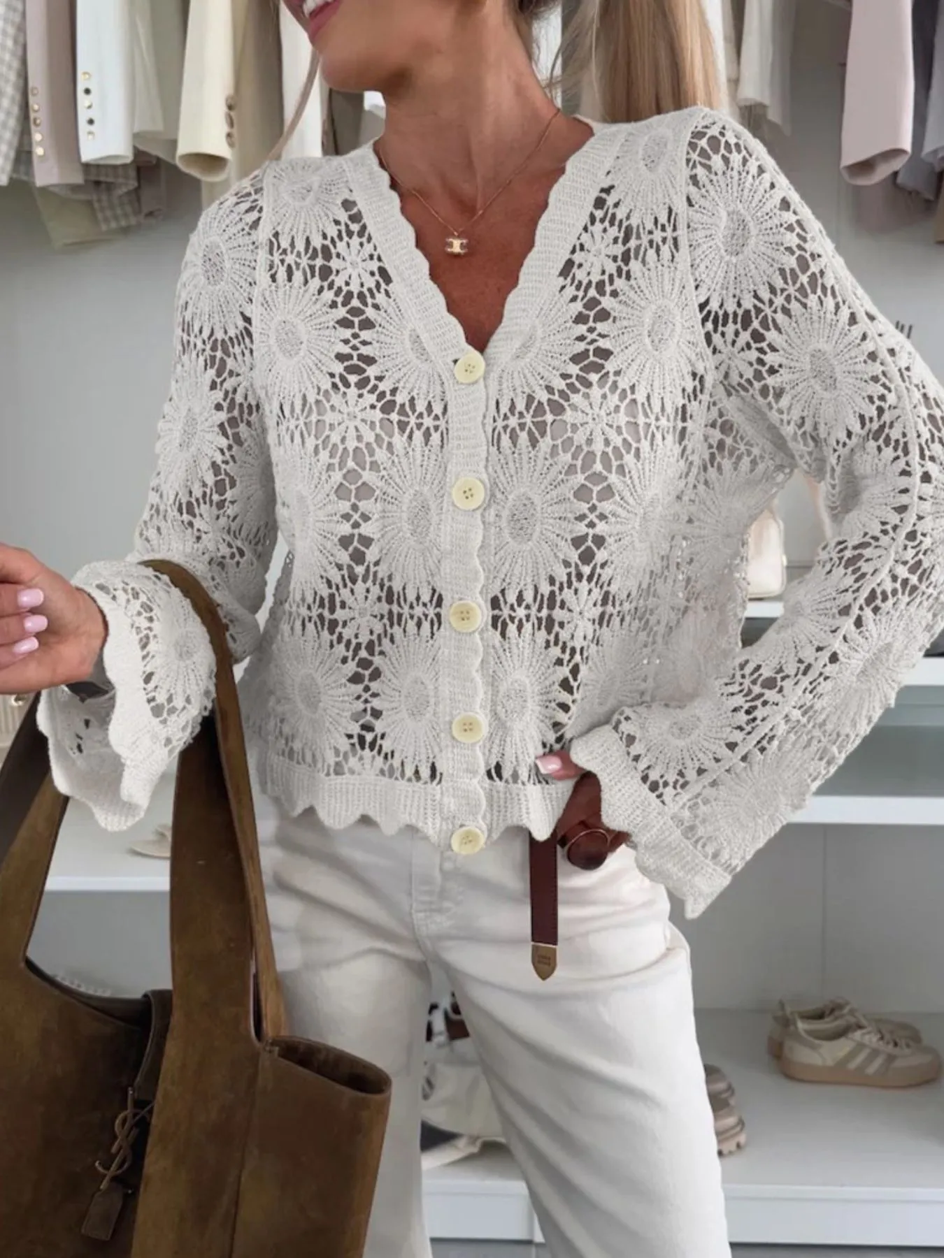 Lace V-Neck Button-Up Cardigan - Image 6
