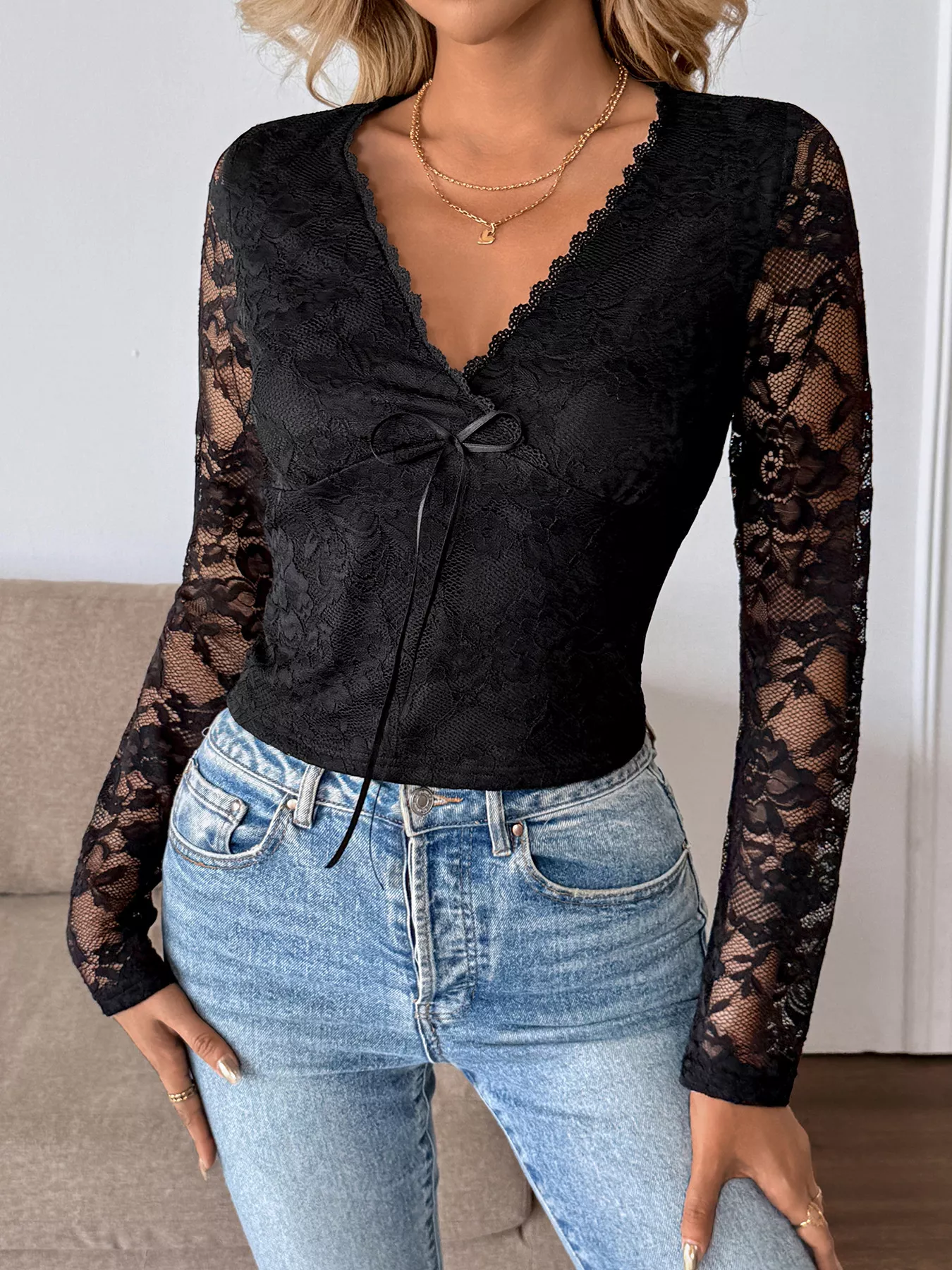 Lace V-Neck Long Sleeve Top - Image 2