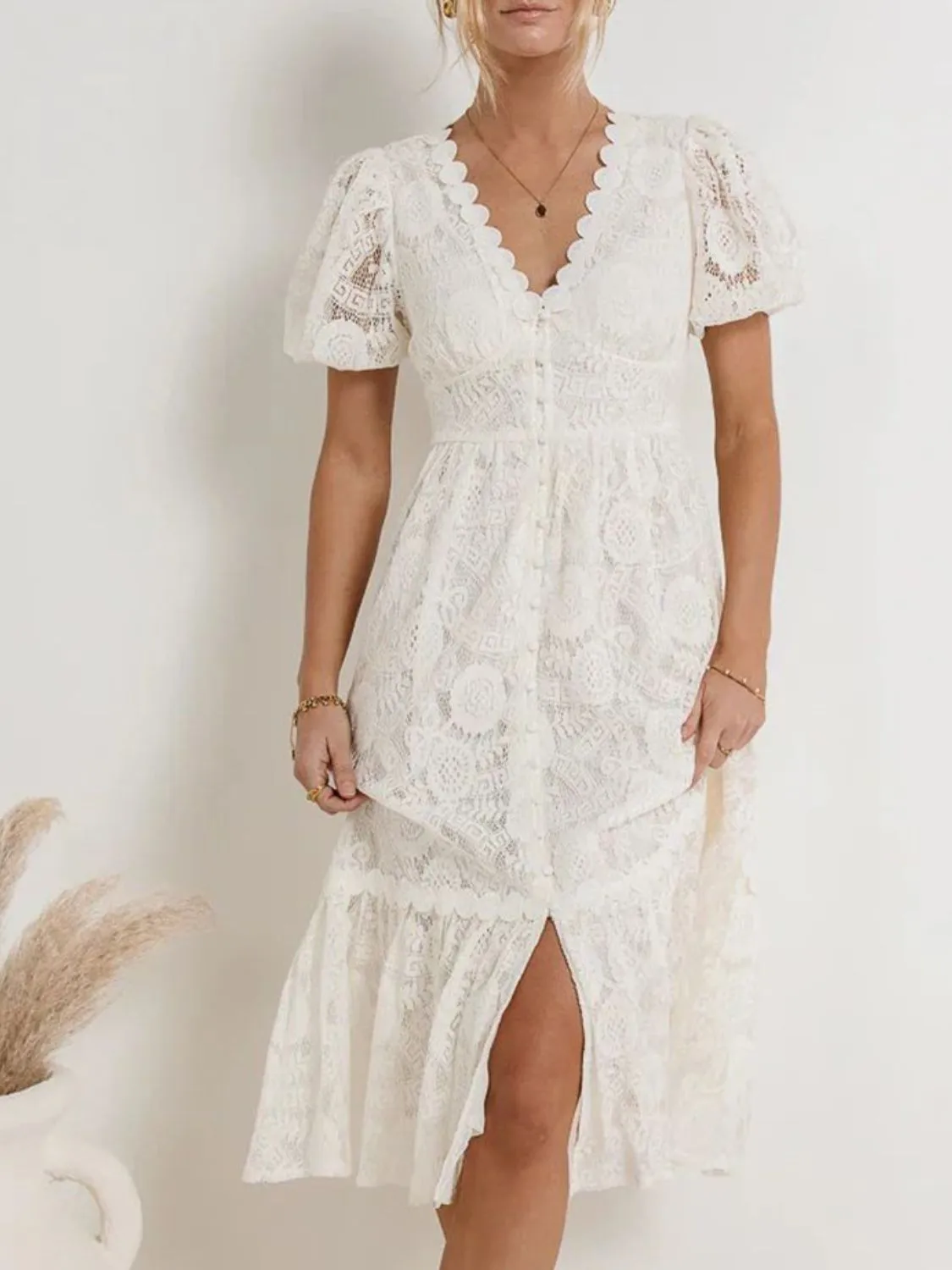 Lace V-Neck Short Sleeve Dress - Image 3