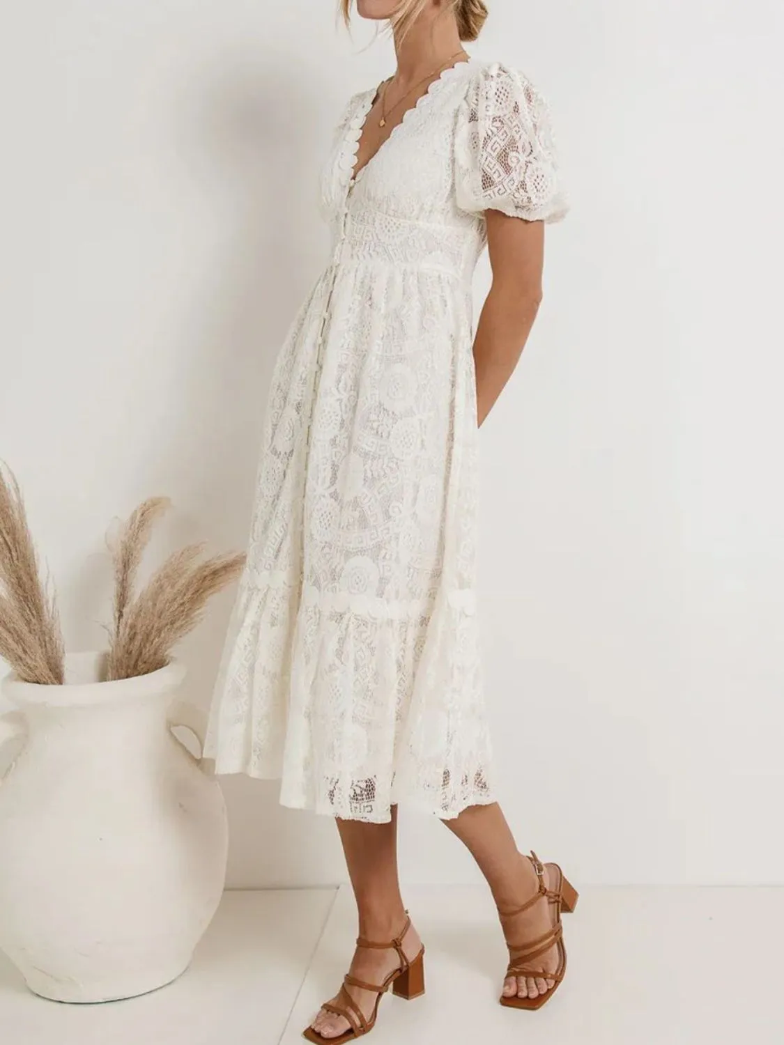 Lace V-Neck Short Sleeve Dress - Image 4