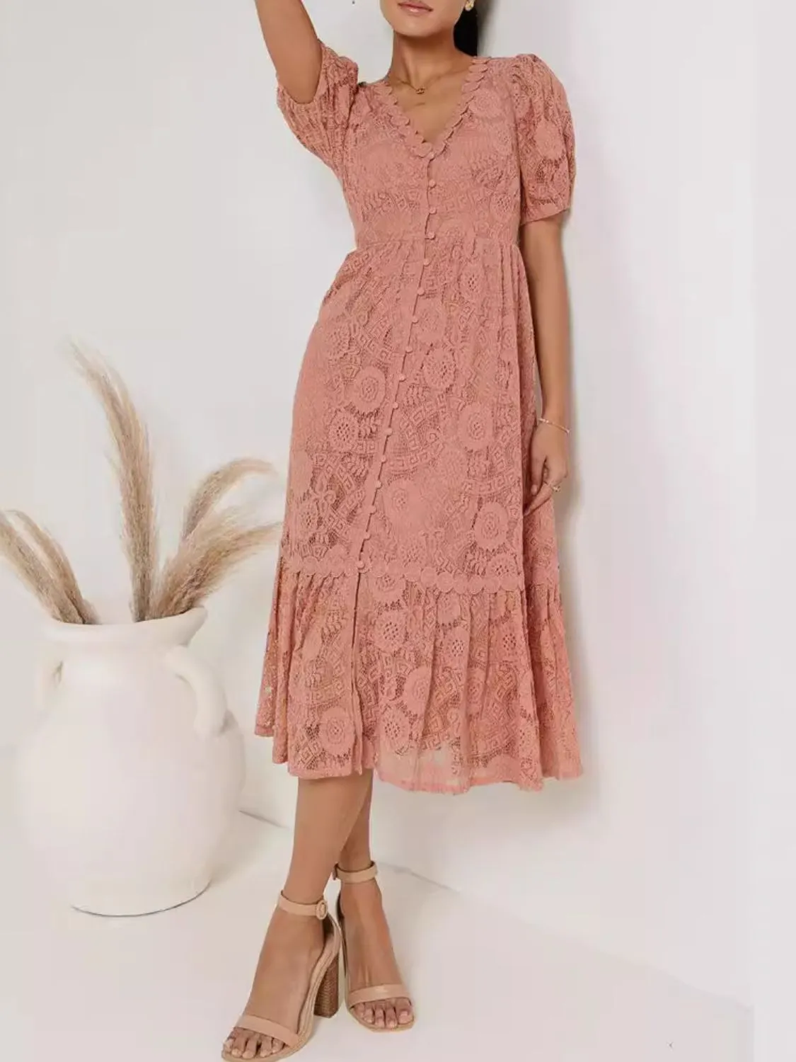 Lace V-Neck Short Sleeve Dress - Image 7