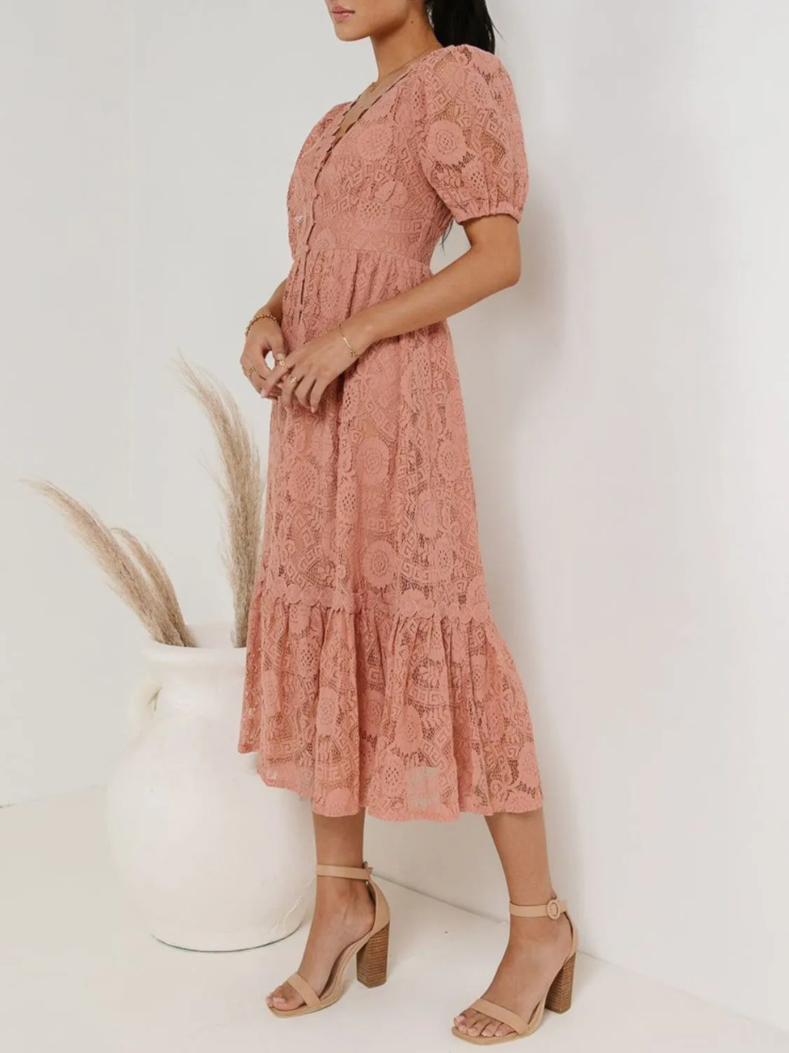 Lace V-Neck Short Sleeve Dress - Image 9