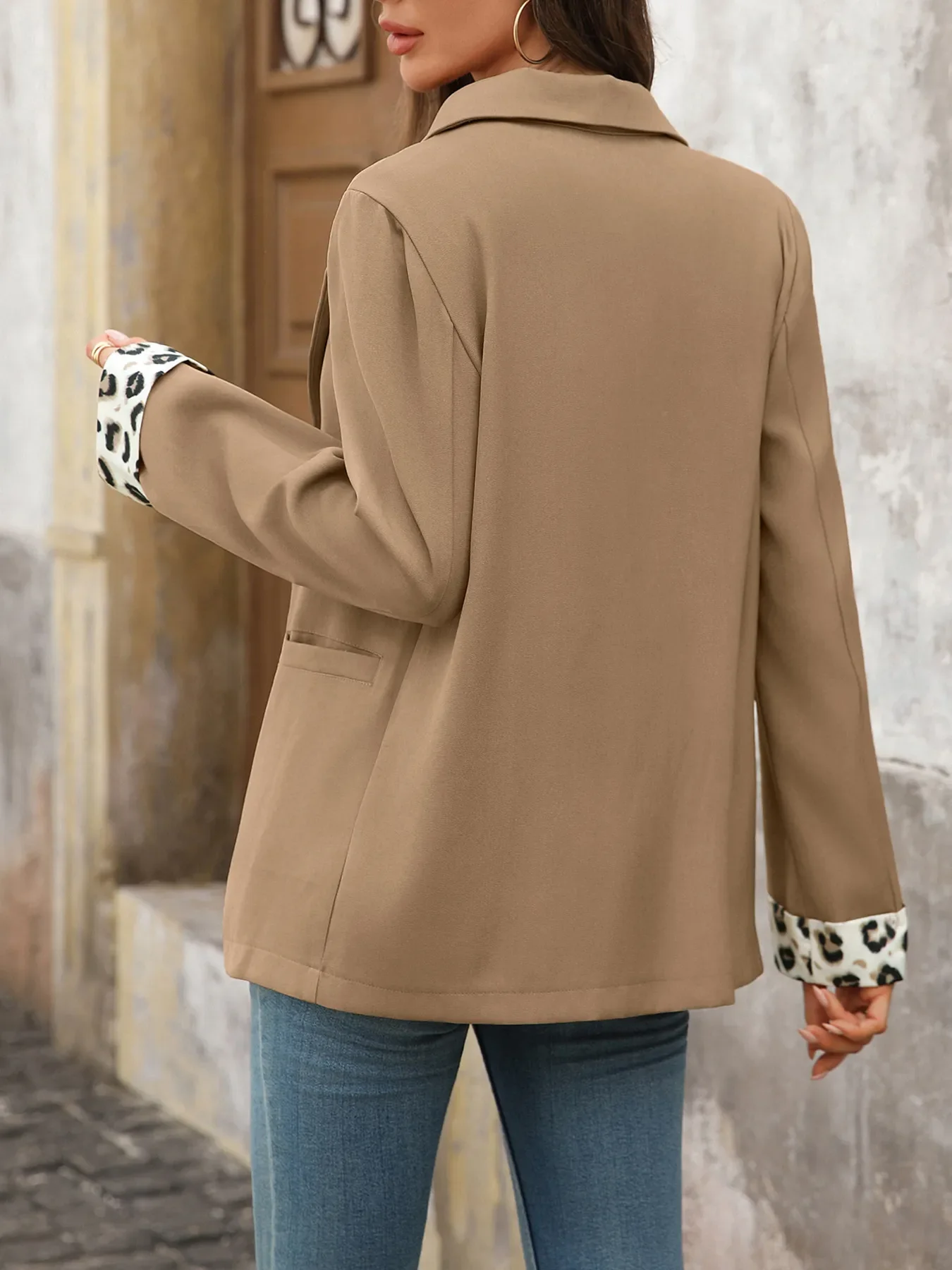 Lapel Collar Leopard Cuff Long Sleeve Blazer - Image 6