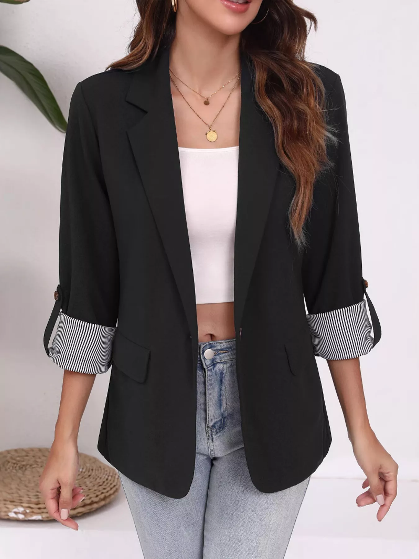 Lapel Collar Roll-Up Sleeve Blazer - Image 2