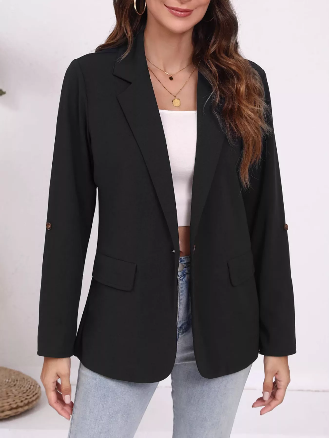 Lapel Collar Roll-Up Sleeve Blazer - Image 3