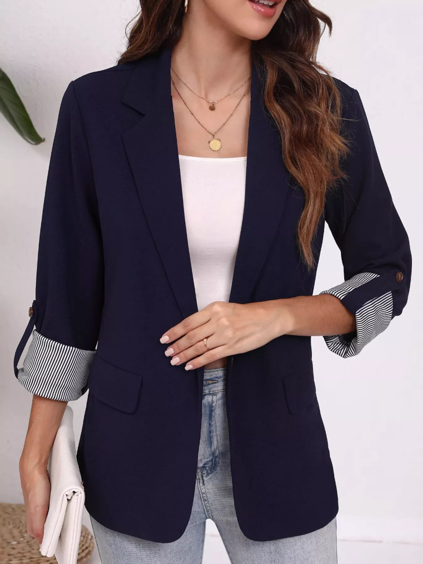 Lapel Collar Roll-Up Sleeve Blazer - Image 4