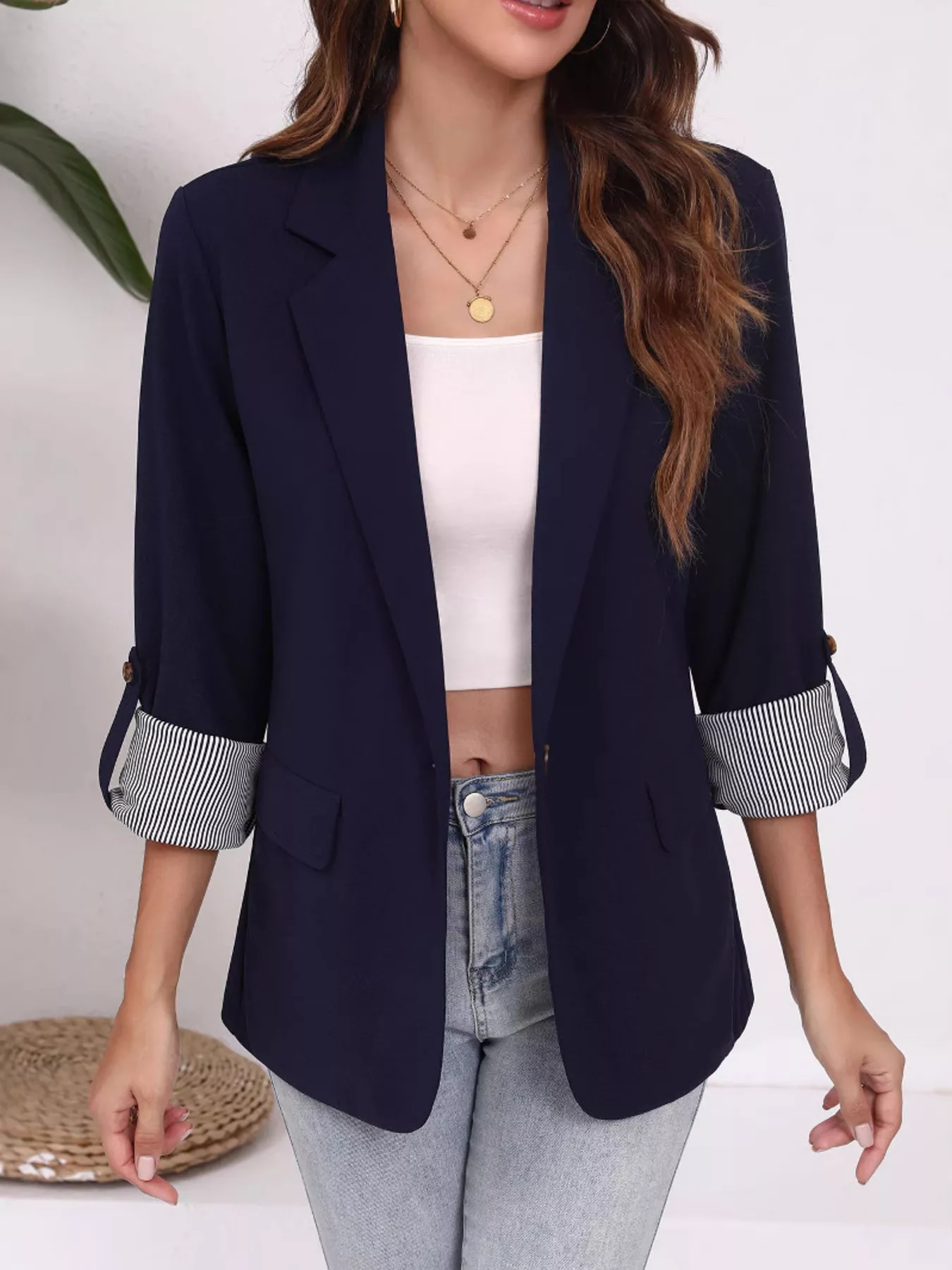 Lapel Collar Roll-Up Sleeve Blazer - Image 5