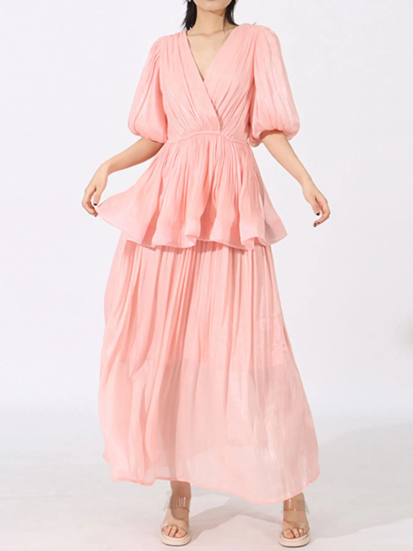 Layered Surplice Puff Sleeve Maxi Dress