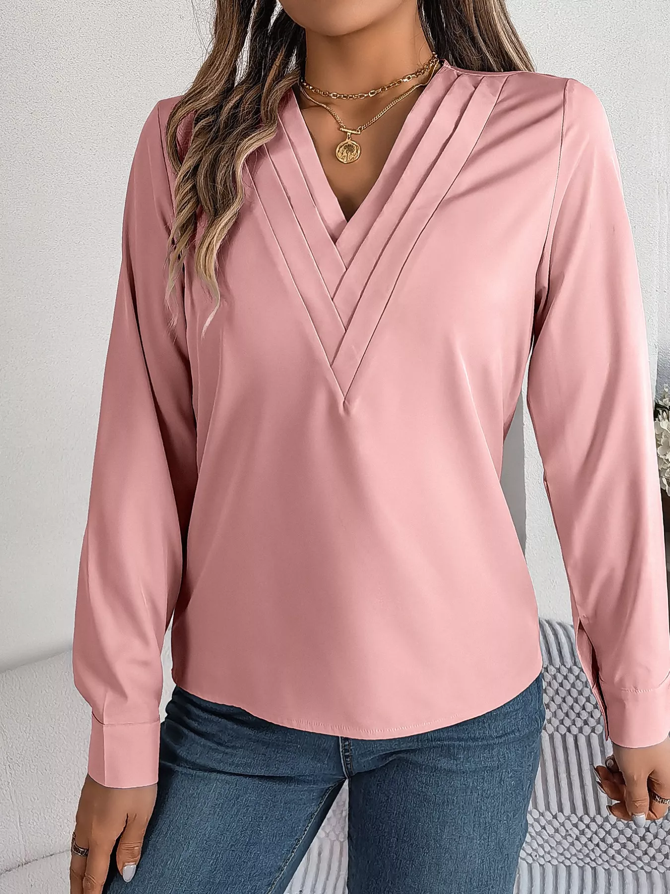 Layered V-Neck Long Sleeve Blouse - Image 10