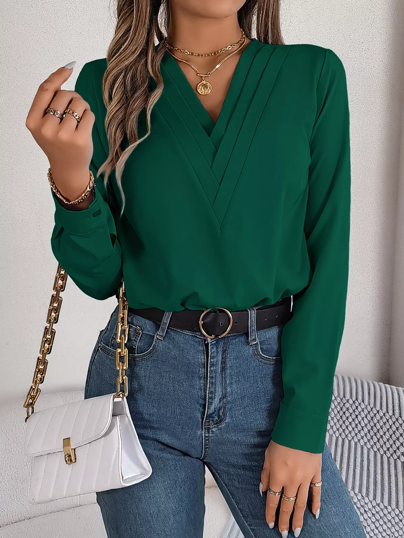 Layered V-Neck Long Sleeve Blouse - Image 21