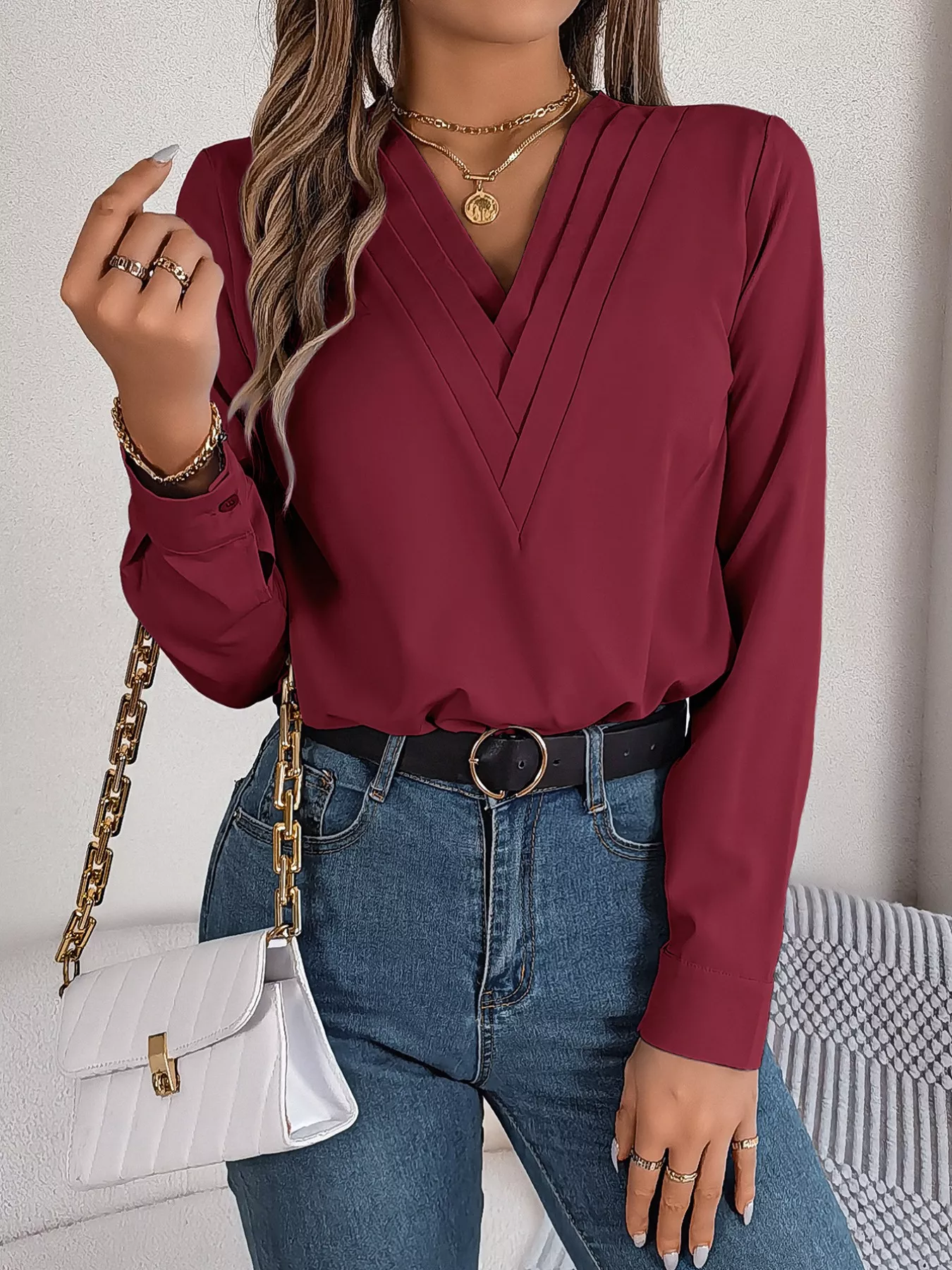 Layered V-Neck Long Sleeve Blouse - Image 27