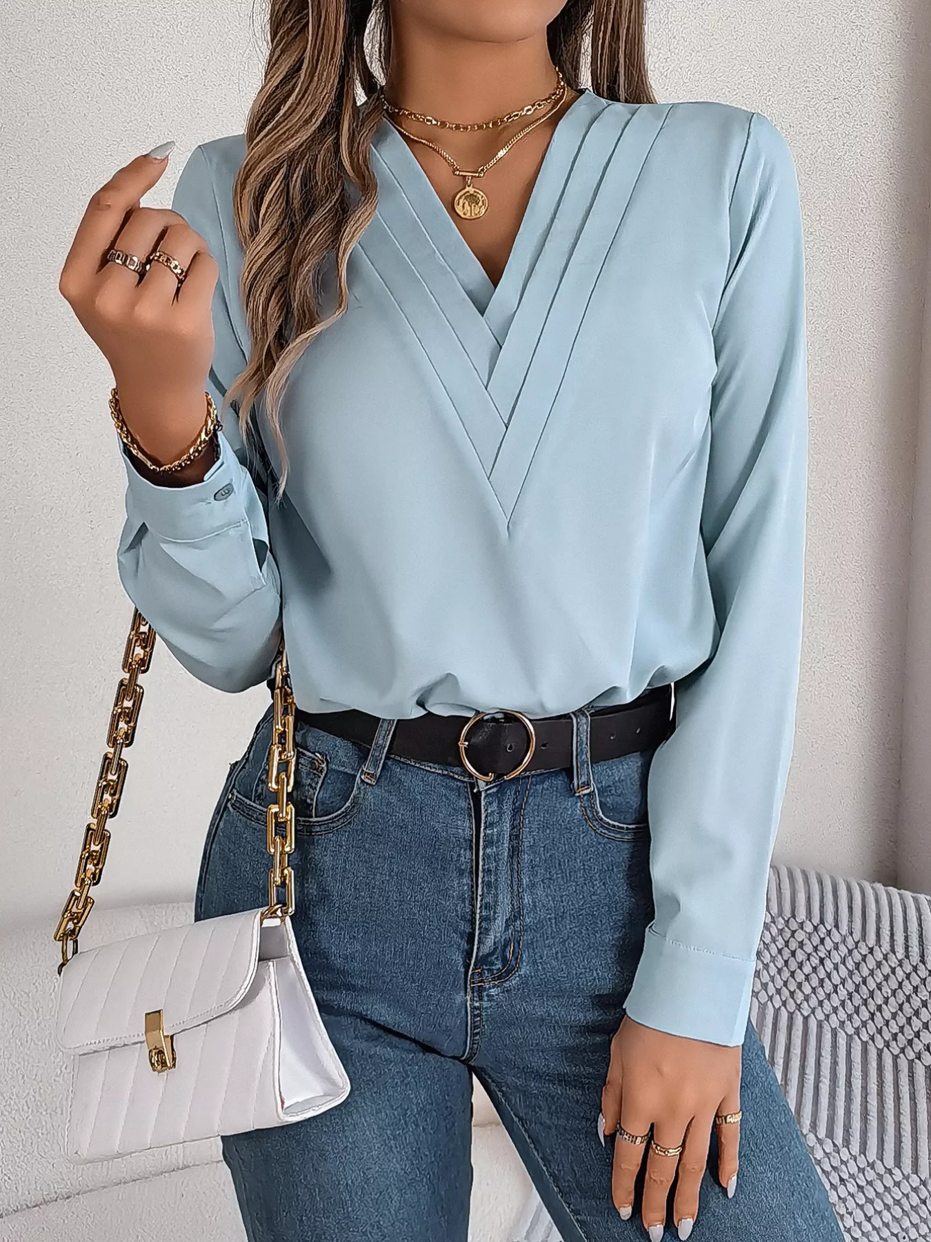 Layered V-Neck Long Sleeve Blouse - Image 3