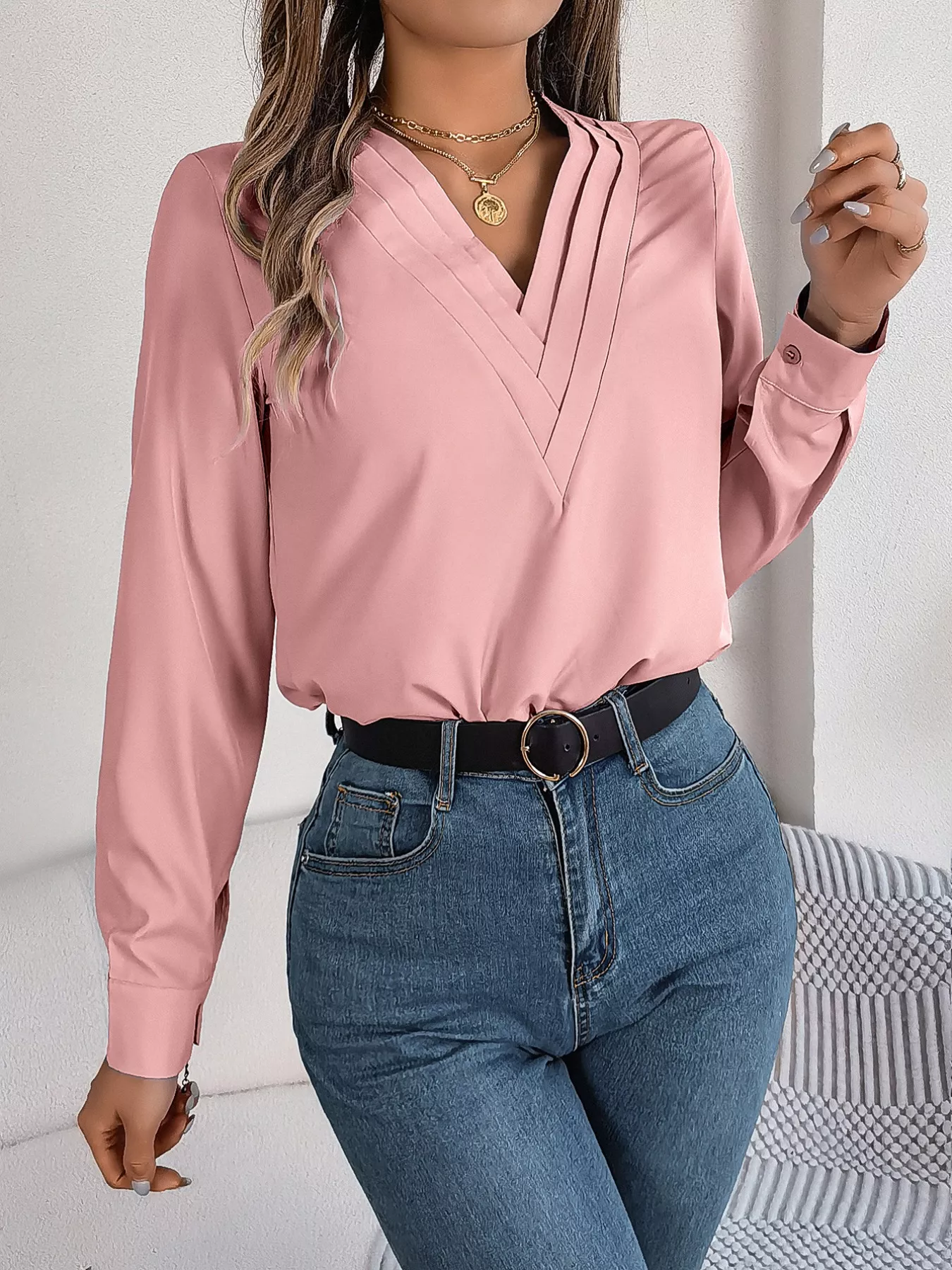 Layered V-Neck Long Sleeve Blouse - Image 8