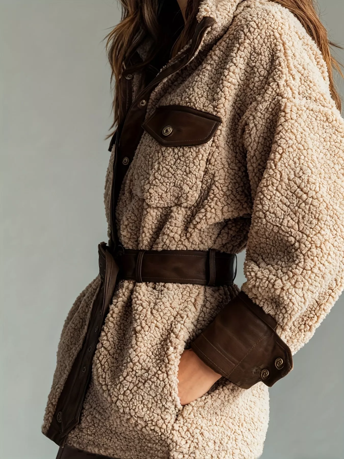 Leather Trim Sherpa Outerwear with Pockets - Image 3