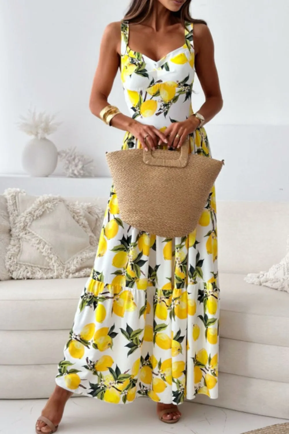 Lemon Print Sweetheart Neck Maxi Dress - Image 2