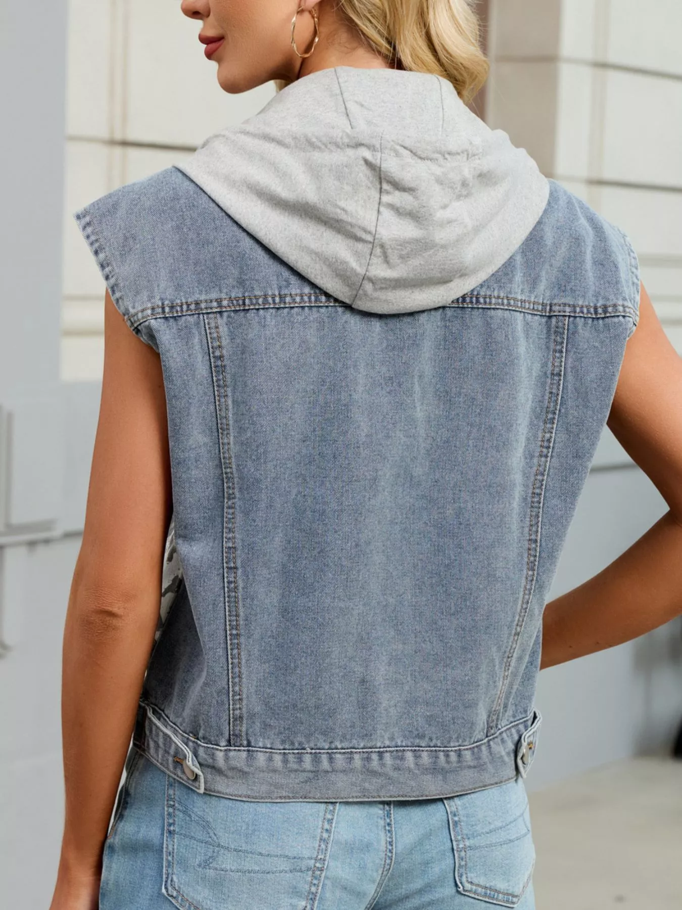 Leopard Button Up Hooded Denim Vest - Image 2