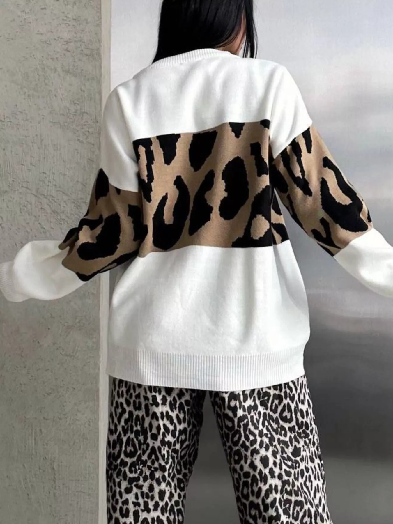 Leopard Color Block Round Neck Sweater - Image 10