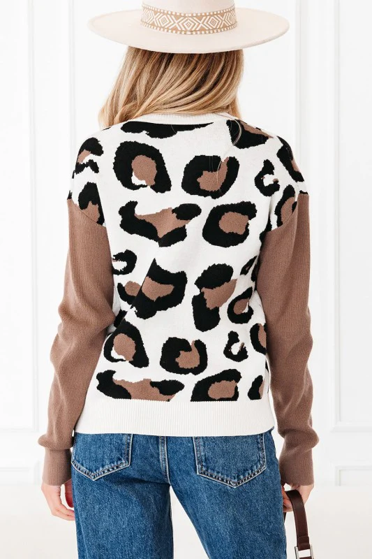 Leopard Colorblock Drop Shoulder V-Neck Sweater - Image 2