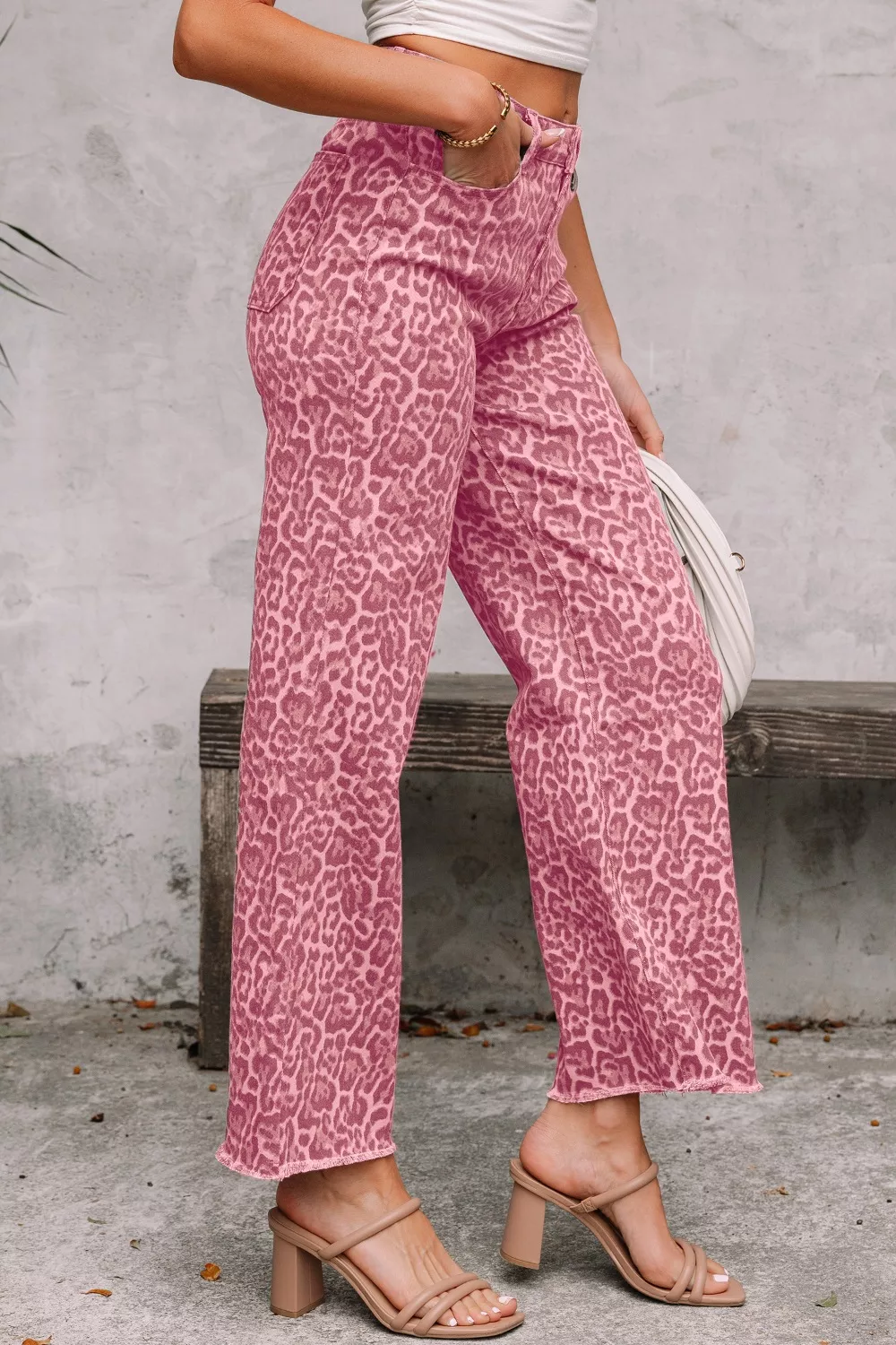 Leopard Frayed Edge Wide Leg High Waist Jeans - Image 3