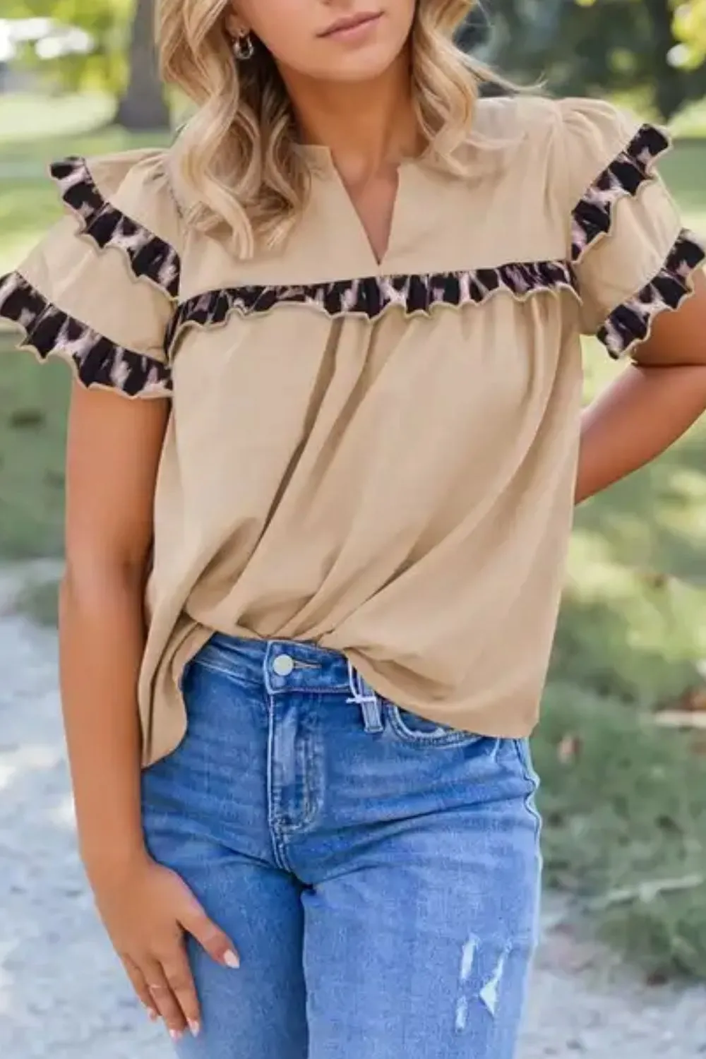 Leopard Frill Short Sleeve Blouse - Image 2