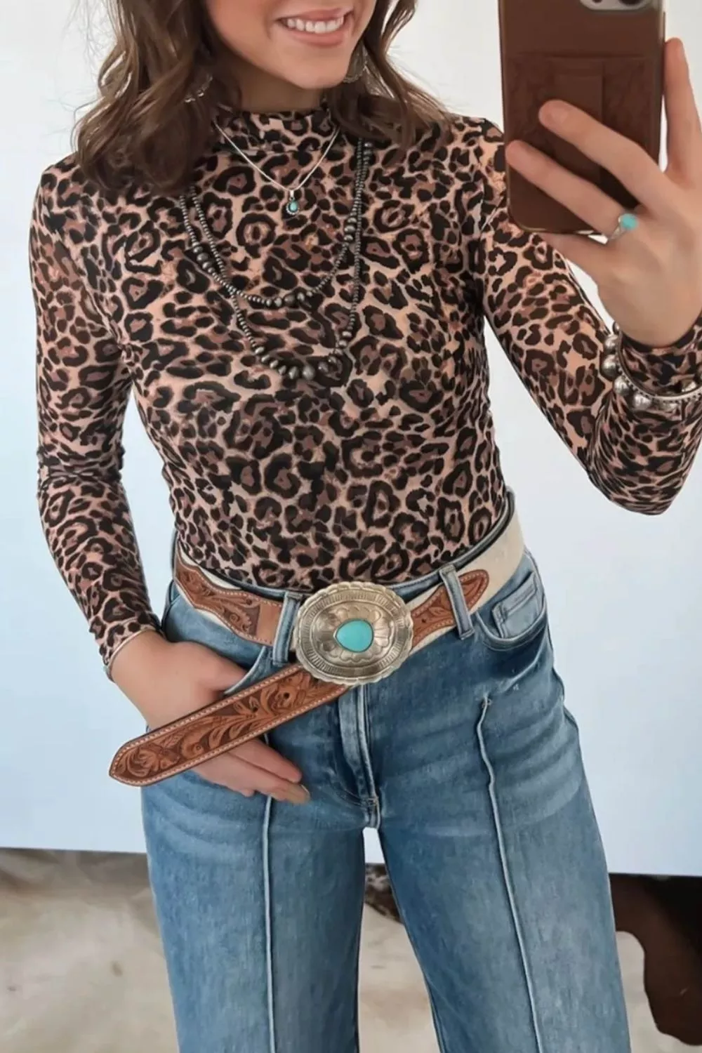 Leopard High Neck Long Sleeve Western Slim Top - Image 3