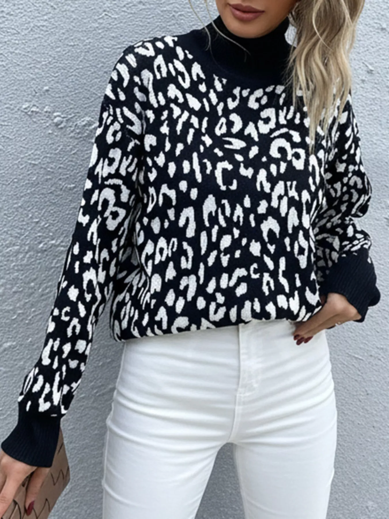 Leopard High Neck Pullover Sweater - Image 3