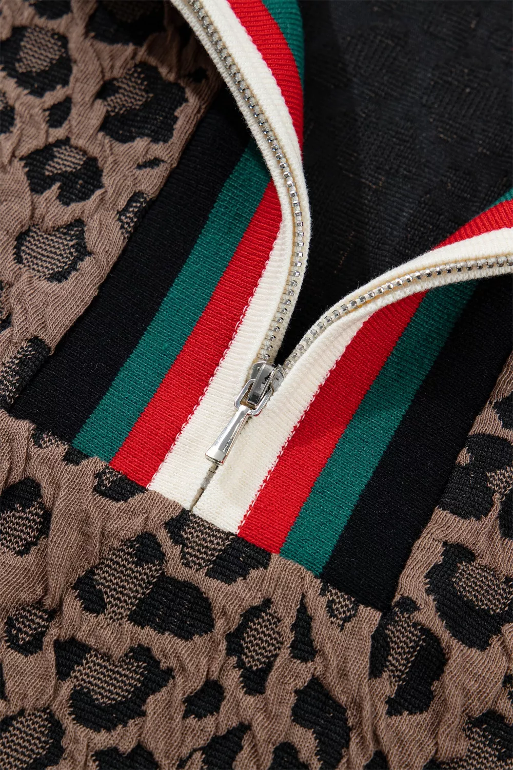 Leopard Jacquard Striped Patchwork Half Zip Short Sleeve Blouse - Image 9
