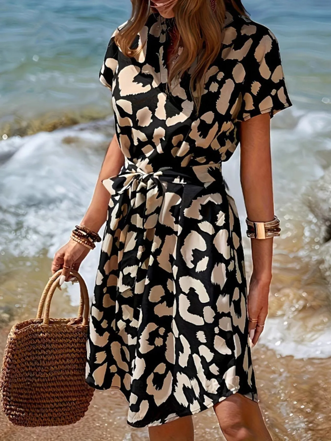 Leopard Notched Tie Waist Midi Dress - Image 6