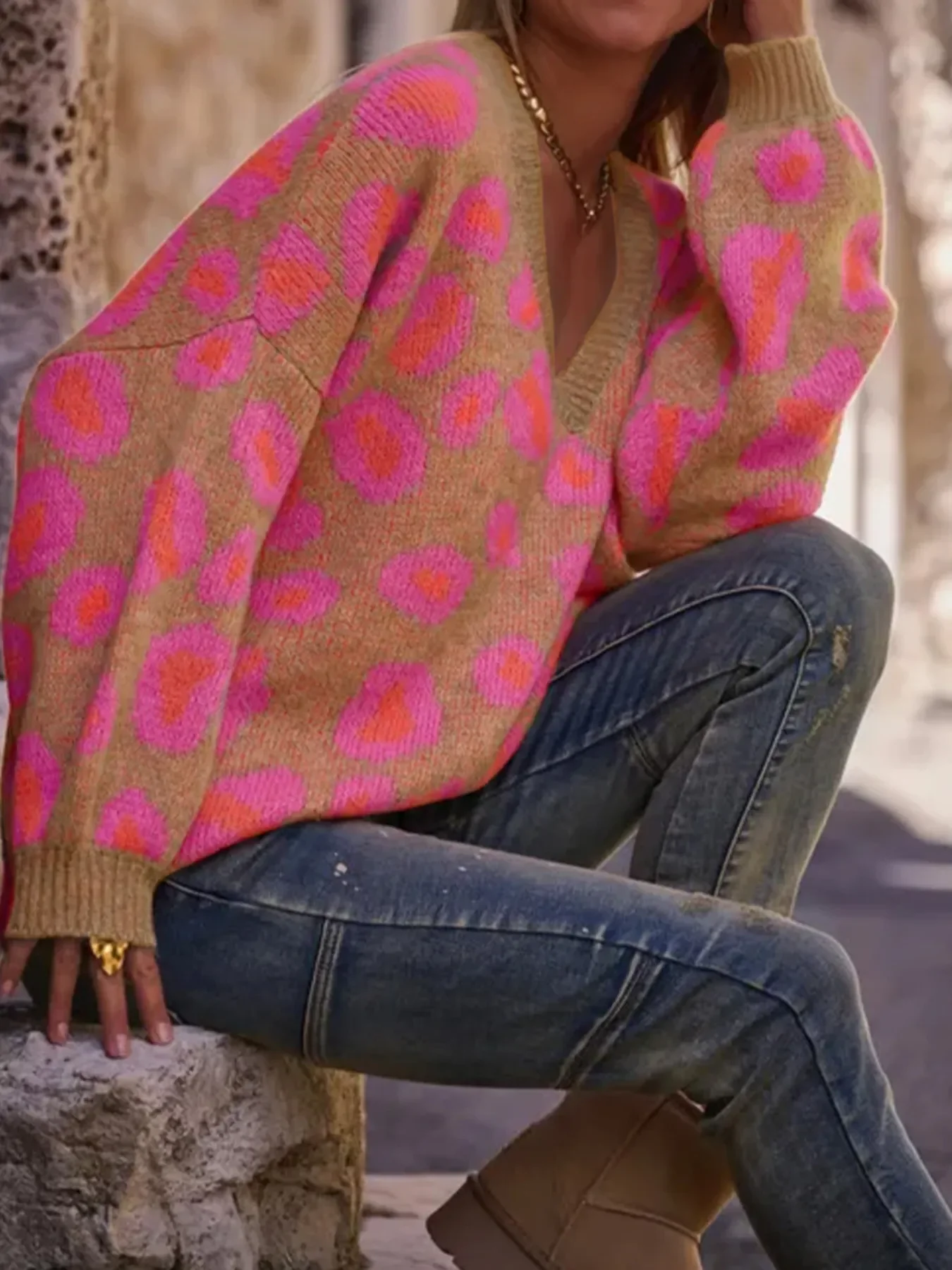 Leopard Oversized V-Neck Sweater - Image 3