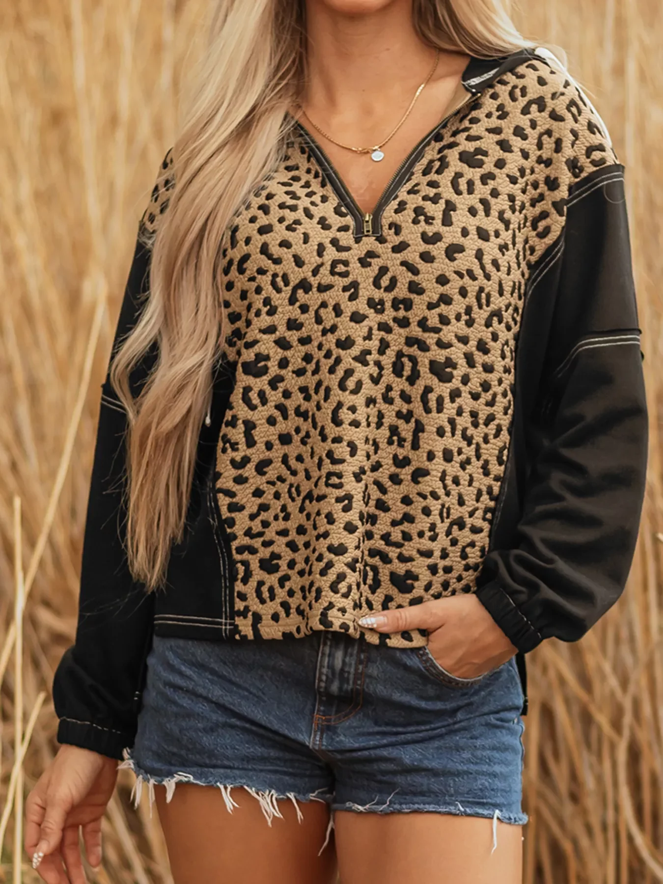 Leopard Patchwork Contrast Stitching Knotted Cuff Quarter Zip Hoodie - Image 3