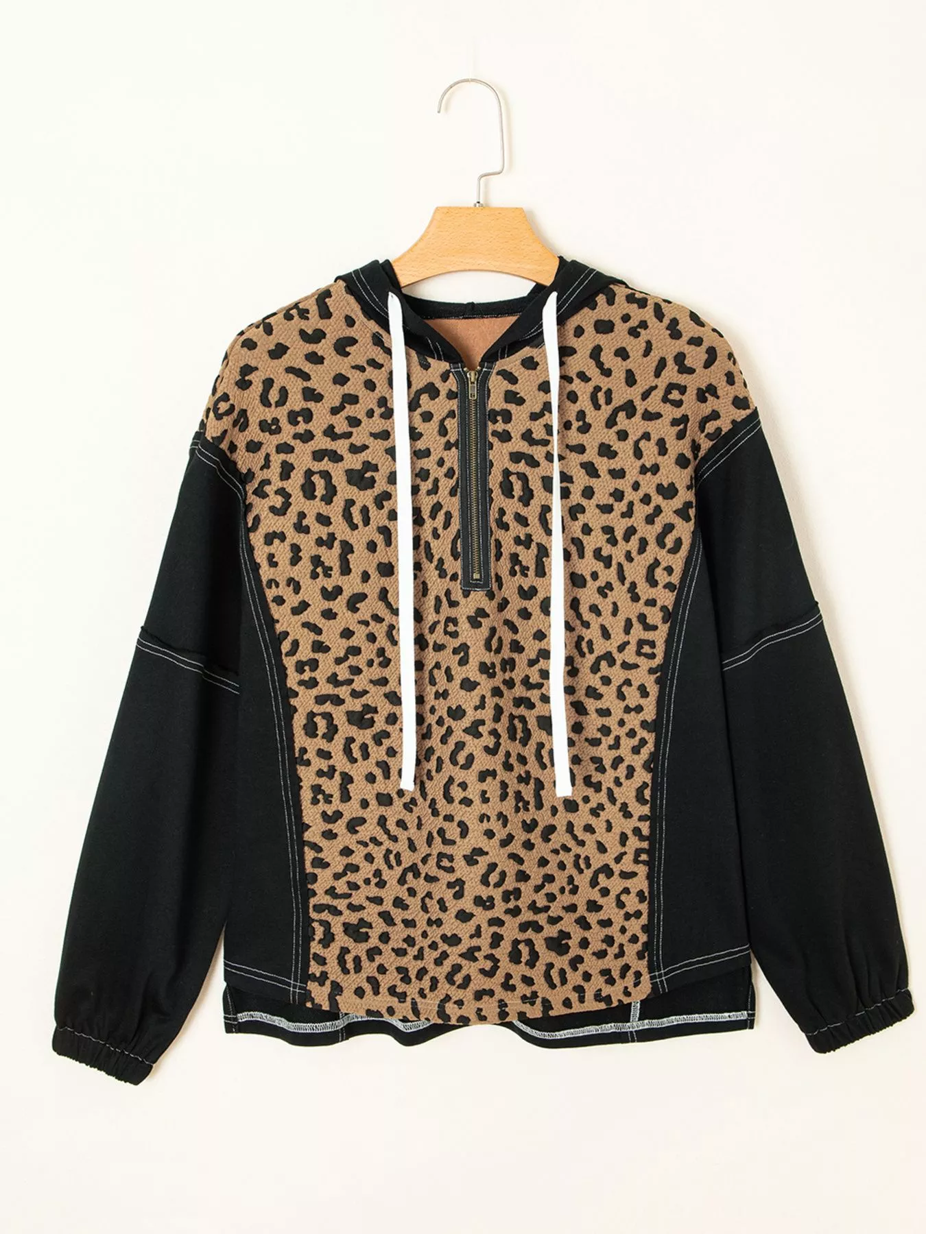 Leopard Patchwork Contrast Stitching Knotted Cuff Quarter Zip Hoodie - Image 7