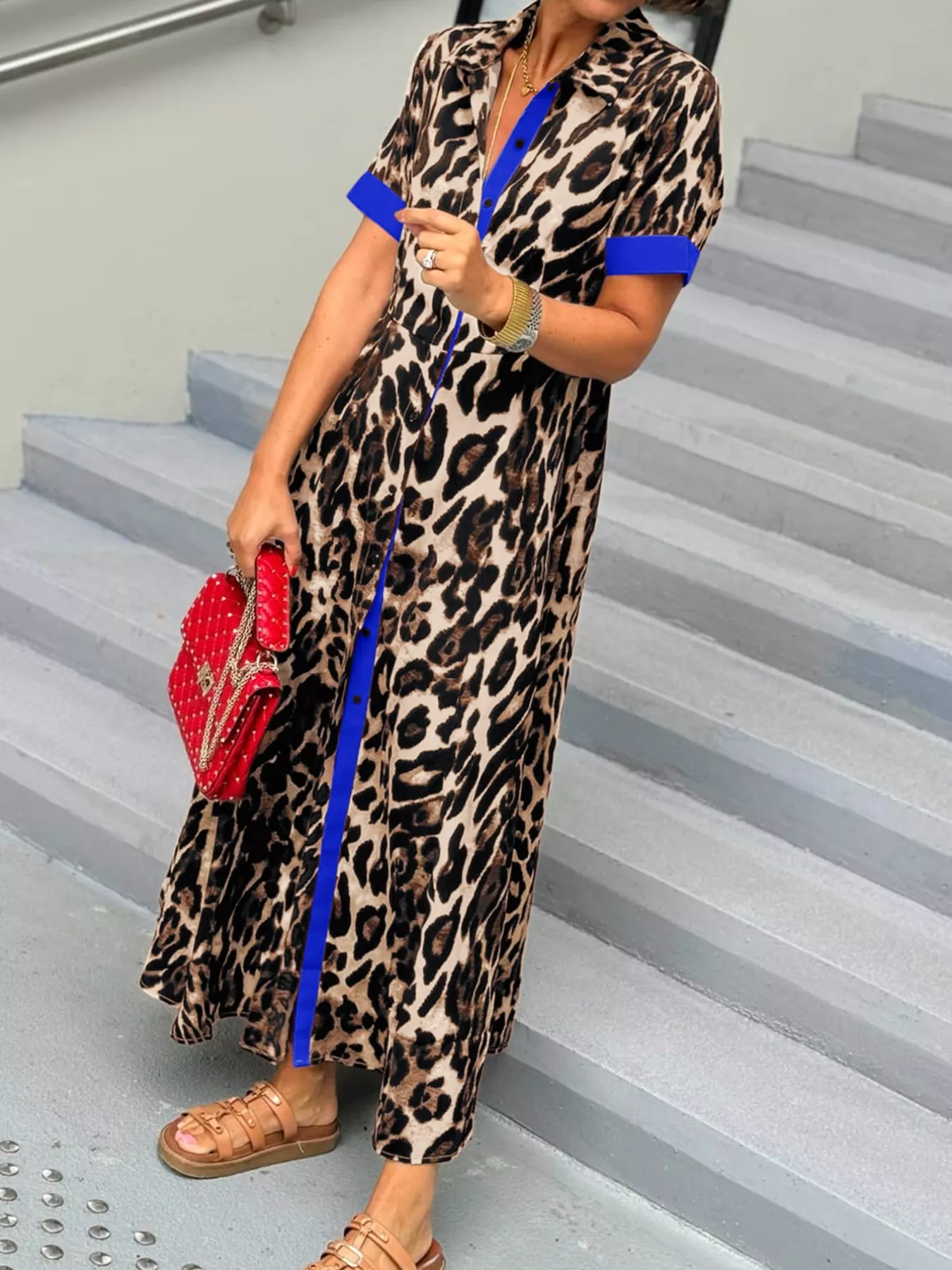 Leopard Print Button-Down Dress with Contrast Trim - Image 15