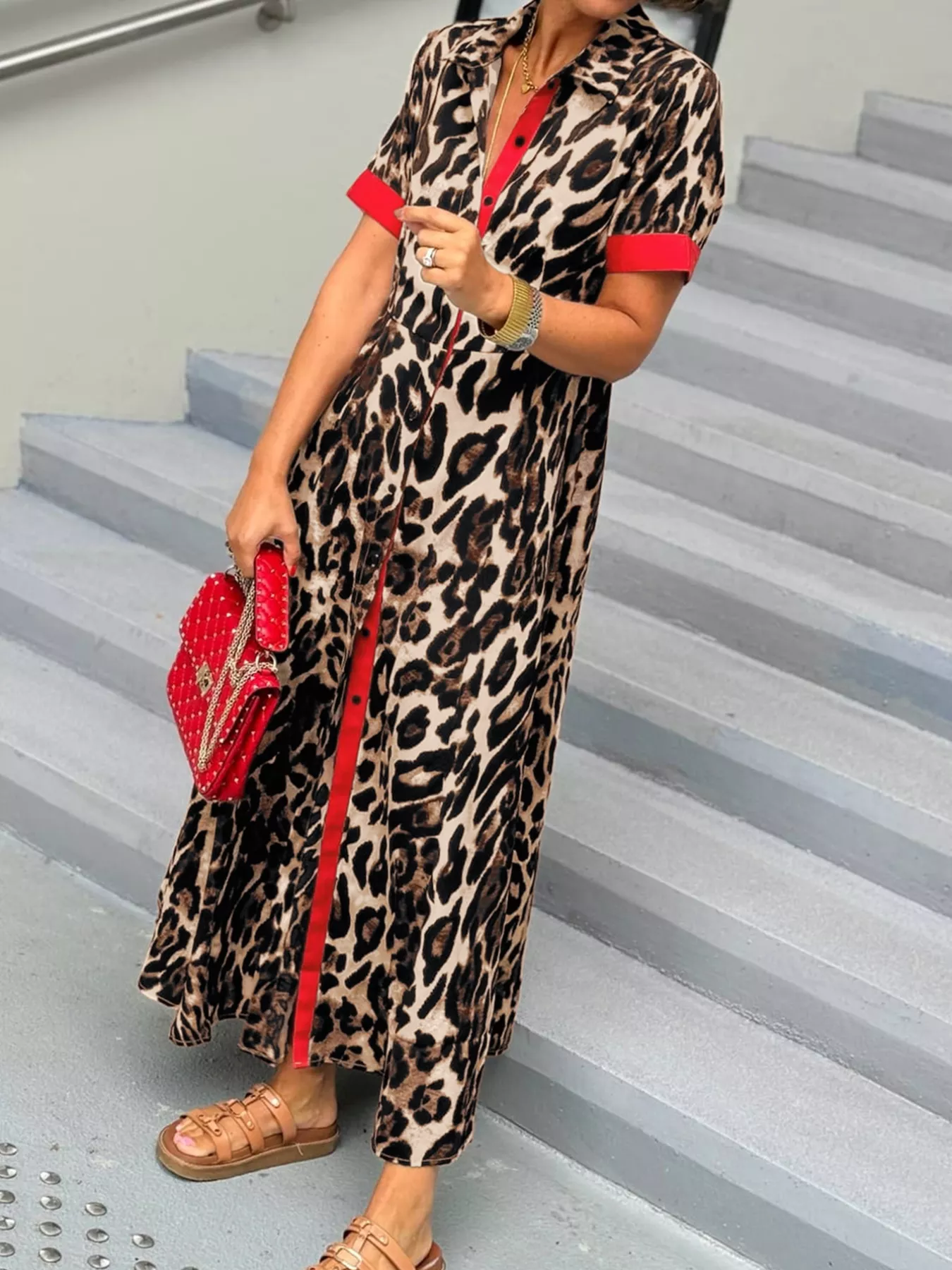 Leopard Print Button-Down Dress with Contrast Trim - Image 21