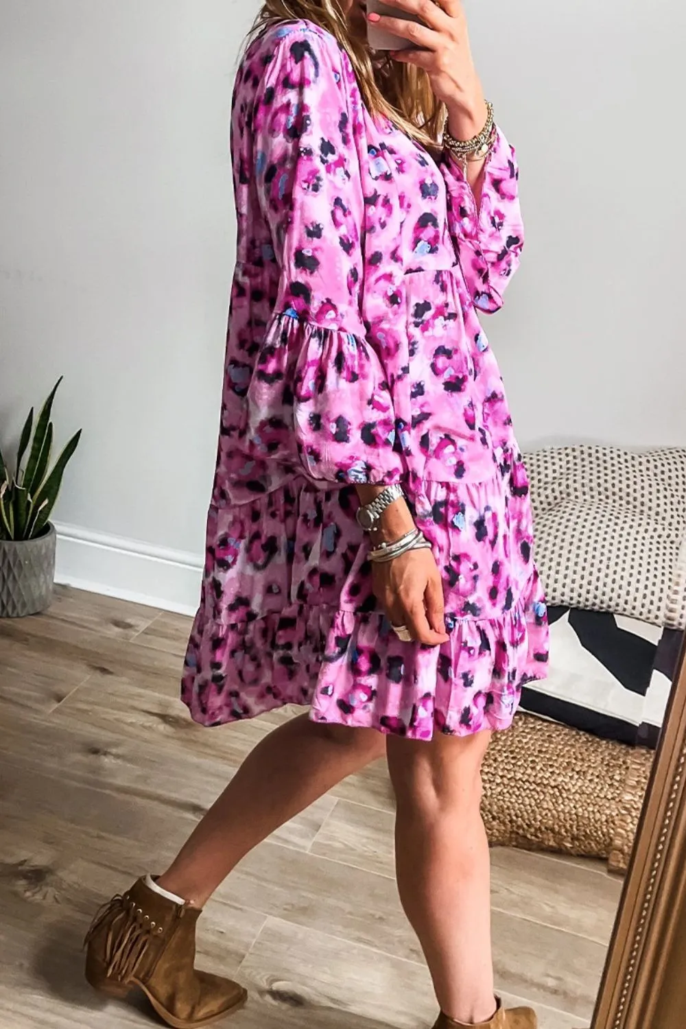 Leopard Print Buttoned Front 3/4 Sleeve Tiered Ruffled Hem Dress - Image 11