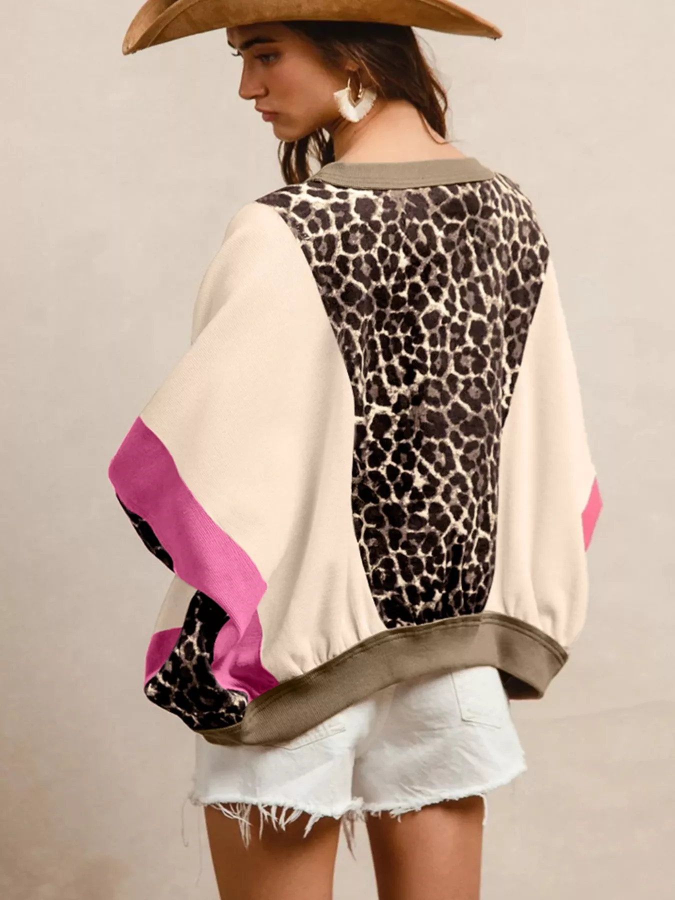 Leopard Print Color Block Round Neck Top - Image 2