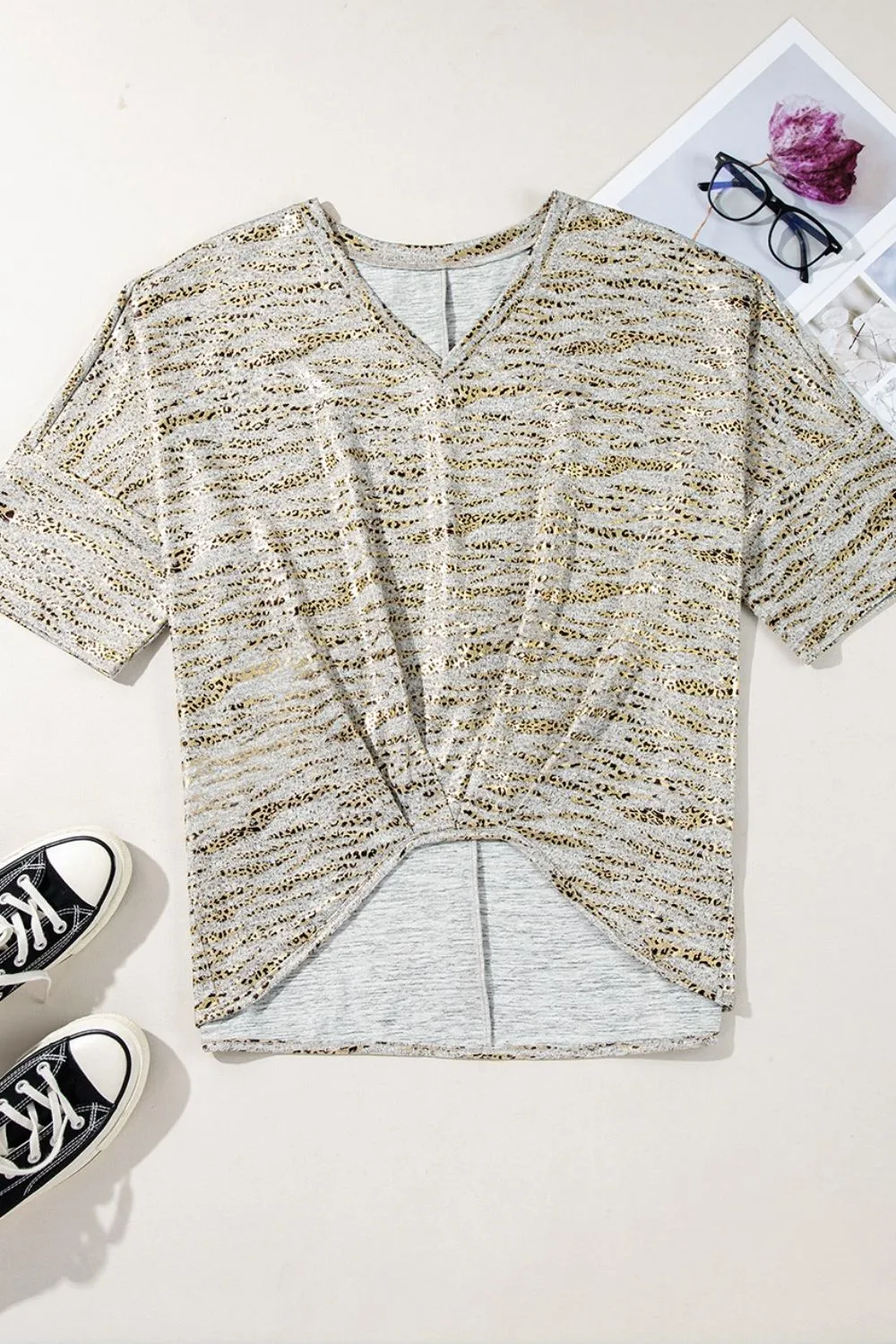Leopard Print Half Sleeve V Neck Loose Fit T Shirt - Image 3