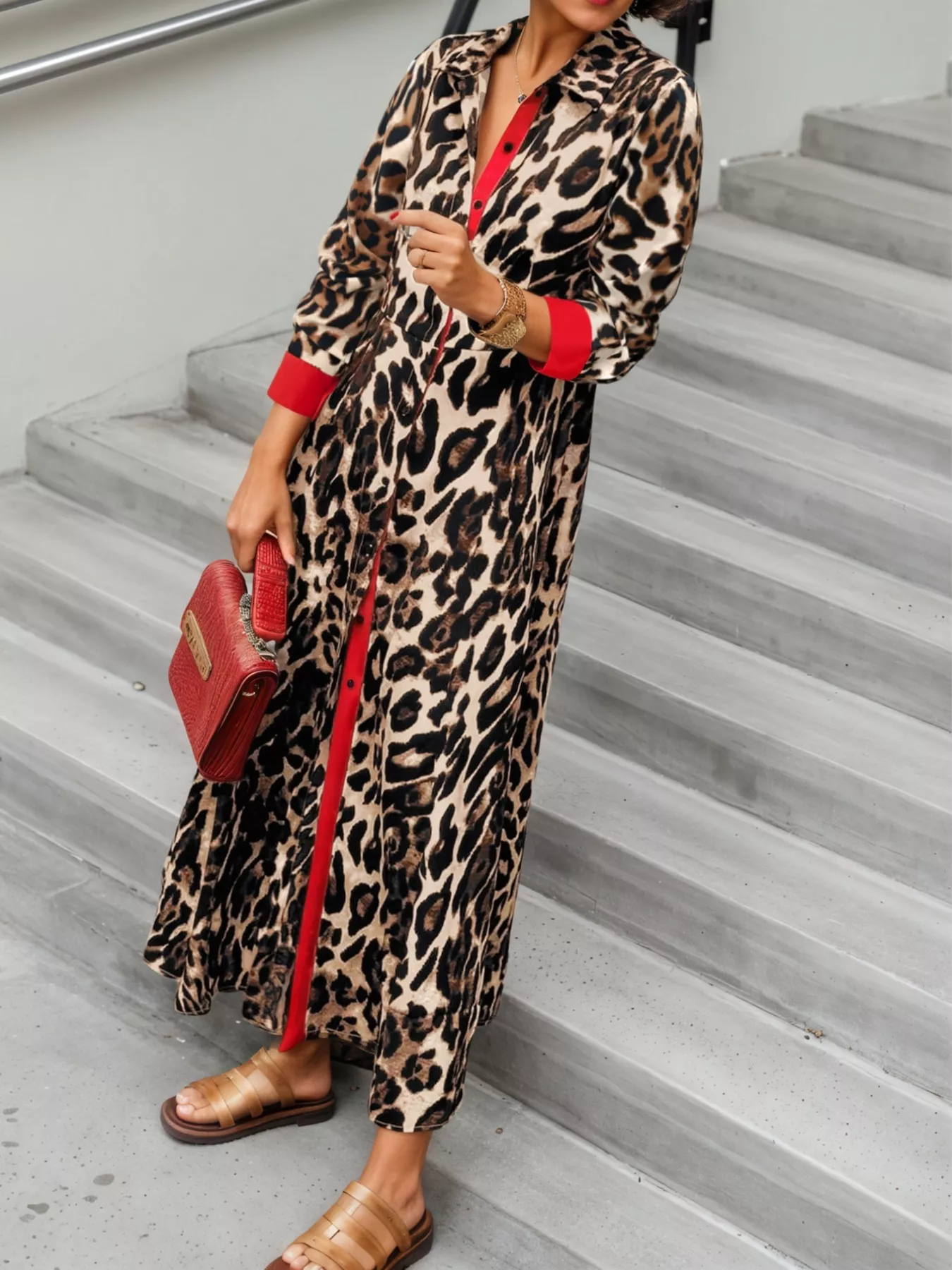 Leopard Print Long Sleeve Shirt Dress with Contrast Trim - Image 7