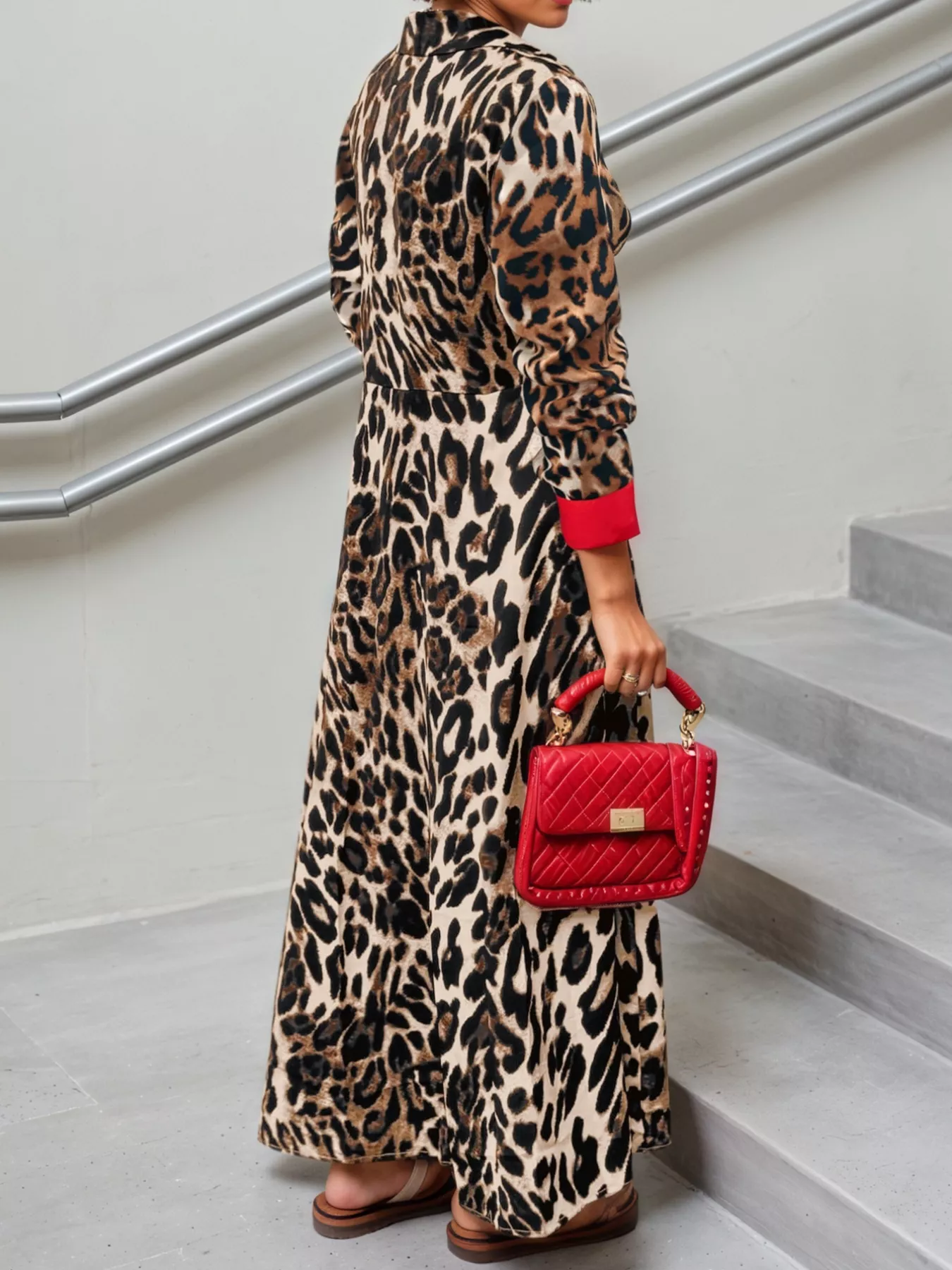 Leopard Print Long Sleeve Shirt Dress with Contrast Trim - Image 9