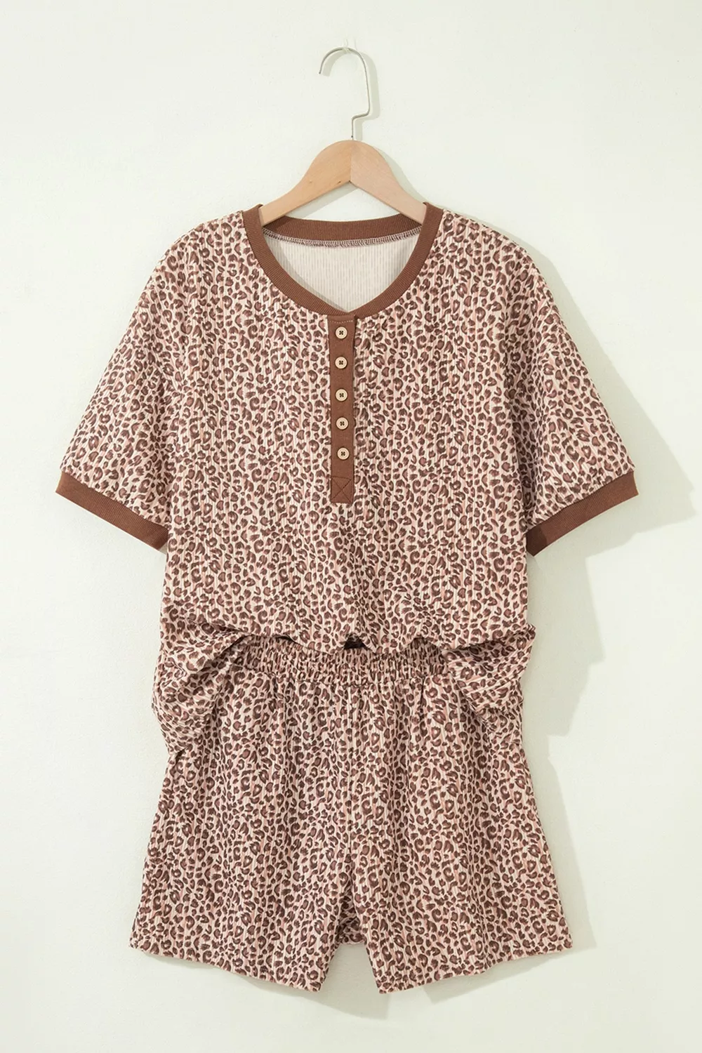 Leopard Print Ribbed Patchwork Half Button Loose Tee Elastic Waist Short 2pcs Set - Image 2