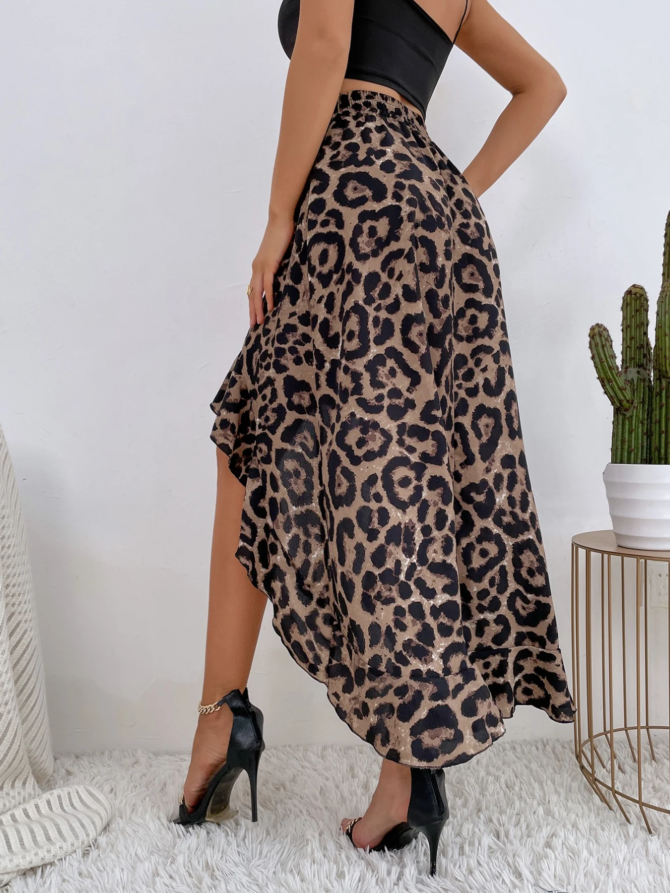 Leopard Print Ruffle Hem High-Low Skirt - Image 2